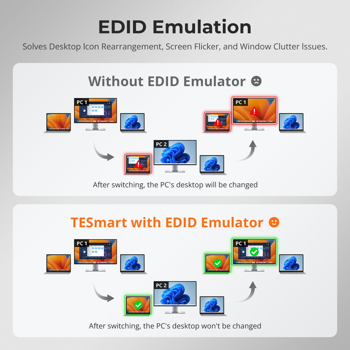 CKS201-M23 EDID emulation comparison showing stable windows and desktop icons after switching between laptops.