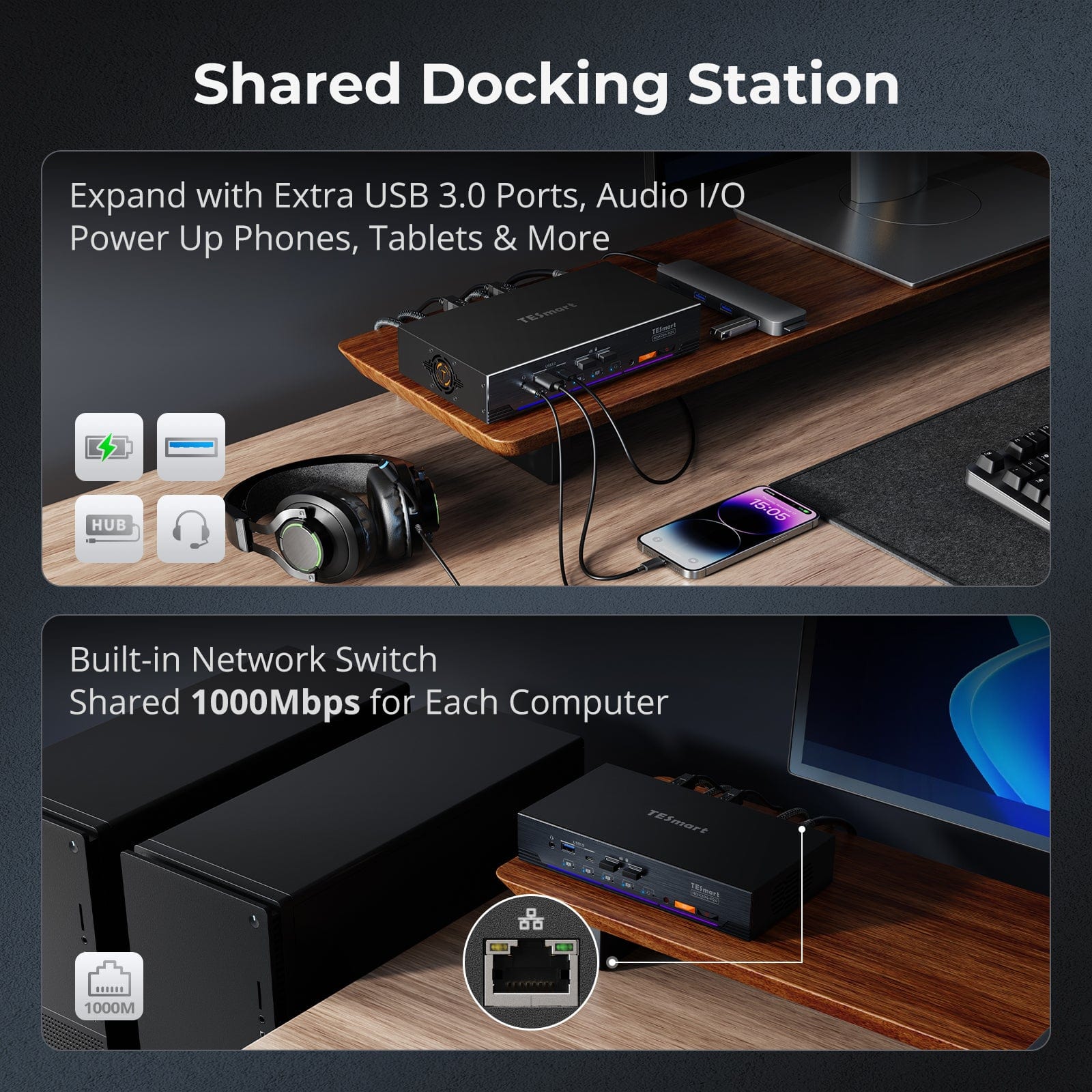 TESmart 2x4 Quad 4K60 HDMI+DP KVM Switch w/ EDID, USB 3.2 Gen1, Gigabit Switch, 2 PCs 4 Monitors 2x4 Quad 4K60 HDMI+DP KVM Switch w/ EDID, USB 3.2 Gen1, Gigabit Switch, 2 PCs 4 Monitors