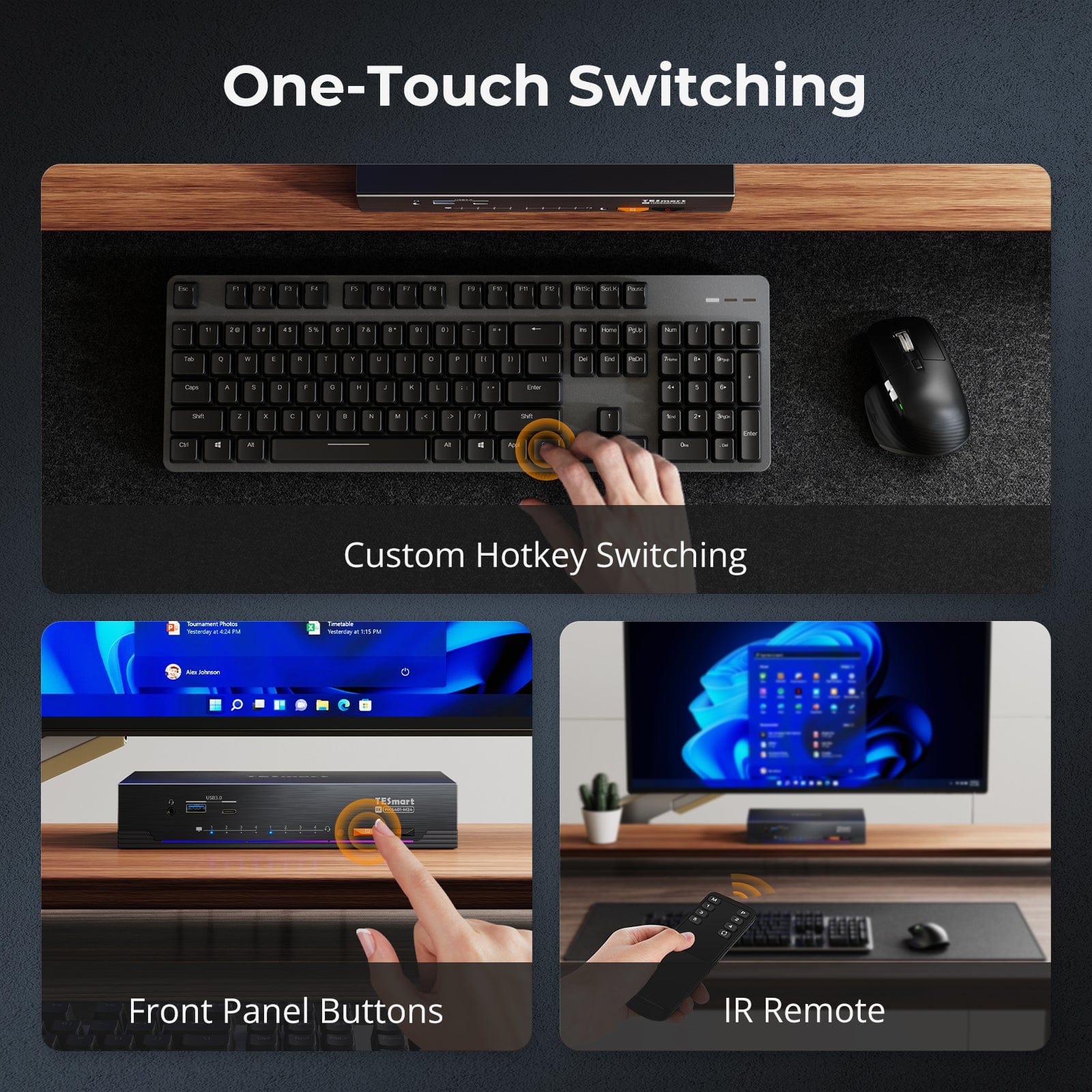 TESmart 4-Port 8K60 HDMI 2.1 KVM Switch with Built-in Network Switch, USB 3.2 Hub, Gigabit LAN, RGB Light Bar & Remote, 4 PCs 1 Monitor 4-Port 8K60 HDMI 2.1 KVM Switch w/ Built-in Network, Gigabit LAN, USB 3.2 Hub & Remote, for Pro & Home Use, 4 PCs 1 Monitor