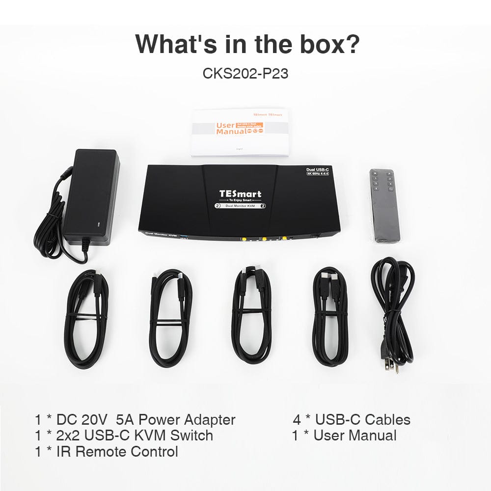 TESmart CKS202-P23-USBK Dual Monitor KVM Switcher Dual Monitor USB-C KVM Docking Station Kit - 4K60Hz, MST, EDID for 2 Laptops 10652805090457 Dual Monitor USB-C KVM Dock - 4K60Hz, MST, EDID for 2 Laptops US Plug