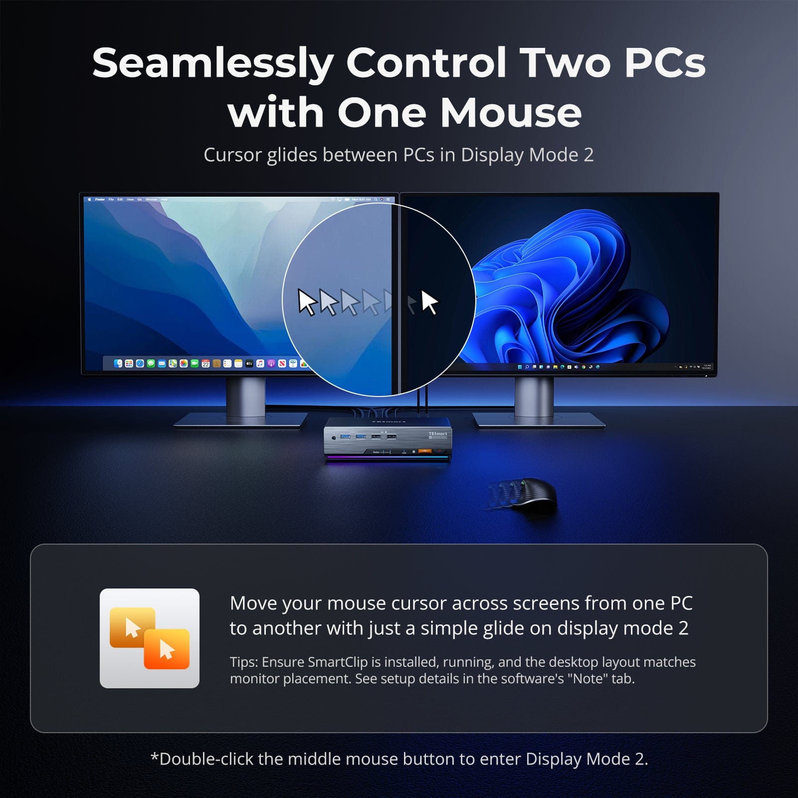 TESmart DKS202-MC24-USBK DP 1.4 Dual 8K@60Hz 4K@144Hz KVM Switch for 2 PCs & 2 Monitors, w/ Multi-PC Control, Drag-and-Drop File Share, USB 3.2 Gen1 & Built-in Gigabit Network 10652805091188 Dual 8K@60Hz 4K@144Hz KVM Switch for 2 PCs & 2 Monitors, DP 1.4 w/ Multi-PC Cursor Glide, Drag-and-Drop File Share & Built-in Gigabit Network
