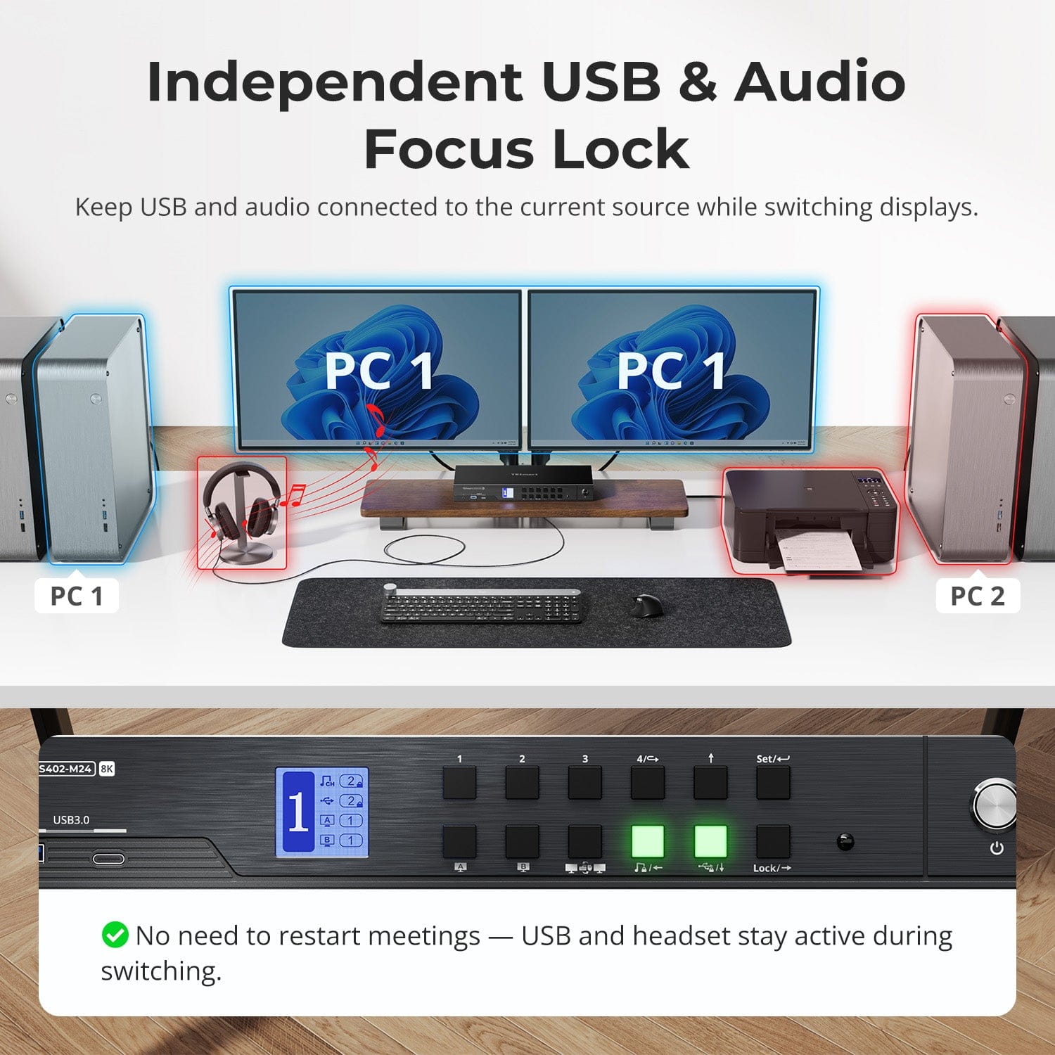 TESmart DKS402-M24-USBK DP 1.4 Dual 8K@60Hz KVM Switch with Network Hub & Smart EDID – for IT Pros, Creators & Multi-PC Setups DP 1.4 Dual 8K@60Hz KVM Switch with Network Hub & Smart EDID – for IT Pros, Creators & Multi-PC Setups