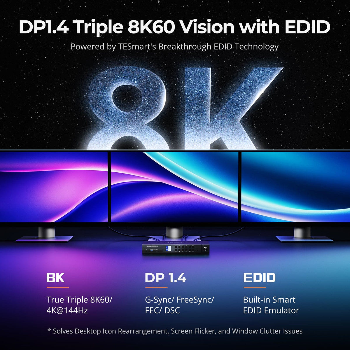 TESmart DP 1.4 Triple 8K@60Hz KVM Switch Hub for 4 PCs 3 Monitors, with EDID, Audio/USB Lock & Multi-Switching DP 1.4 Triple 8K@60Hz KVM Switch Hub for 4 PCs 3 Monitors, with EDID, Audio/USB Lock & Multi-Switching