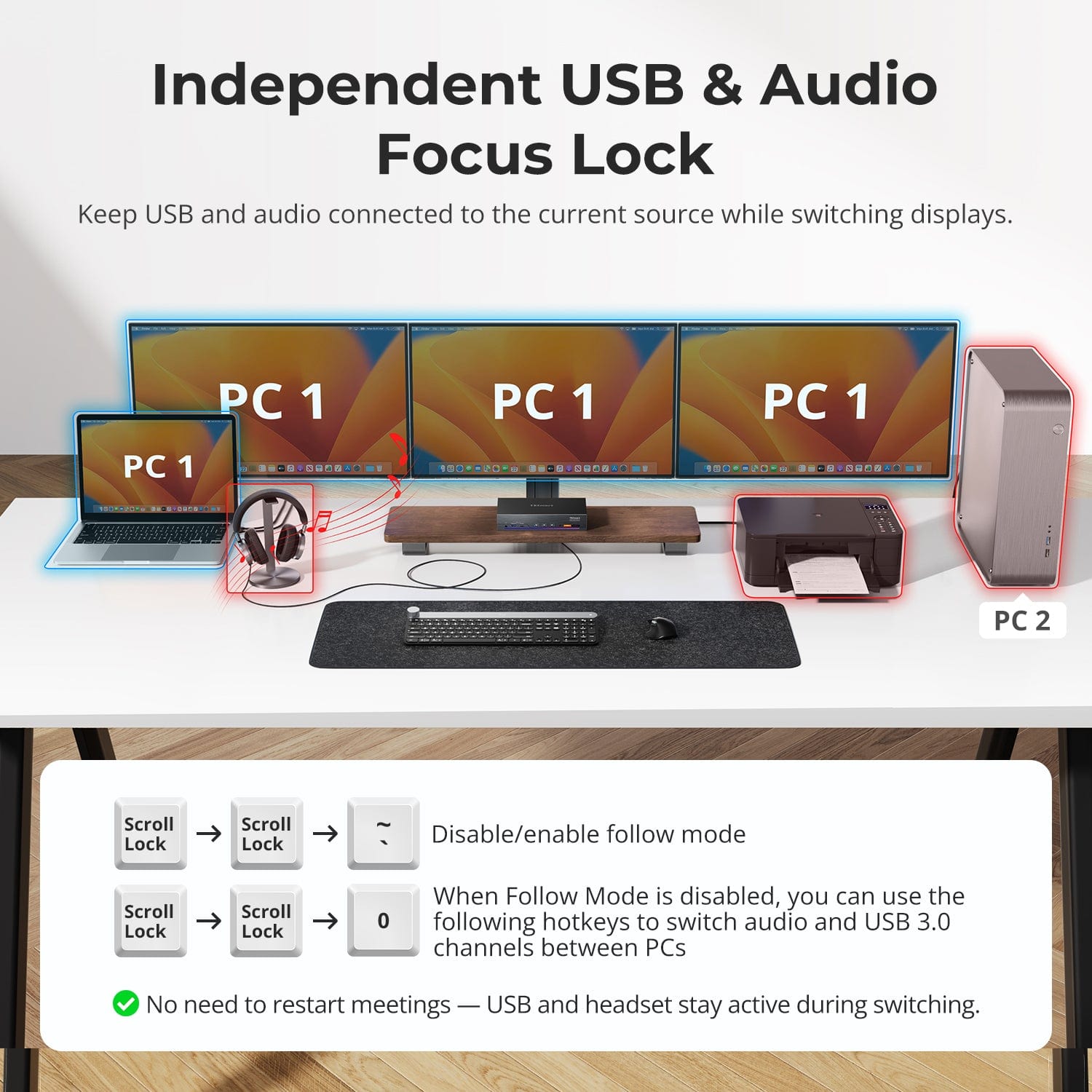 TESmart DP1.2 & USB-C Triple 4K60Hz KVM Switch Productivity Dock for 2 PCs & 3 Monitors, w/ All-in-One Connectivity, 100W PD Charging, Gigabit Switch, and Multi-Mode Control DP1.2 & USB-C Triple 4K60Hz KVM Dock for 2 PCs & 3 Monitors, All-in-One Connectivity, 100W PD Charging, Gigabit Switch