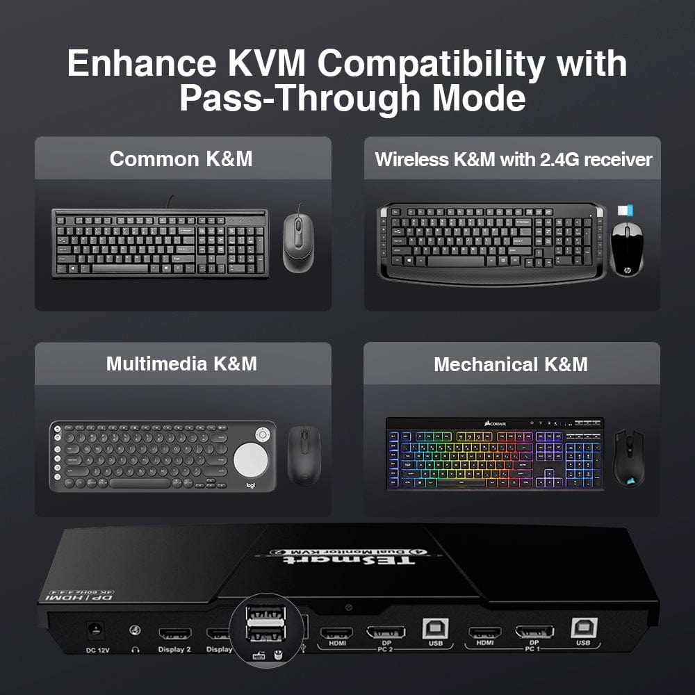 TESmart Dual Monitor KVM Switcher 2 Port Dual Monitor KVM Switch Kit HDMI+DP 4K60Hz with EDID Dual monitor KVM switch 2 way HDMI2.0 DP 4K60Hz EDID TESmart