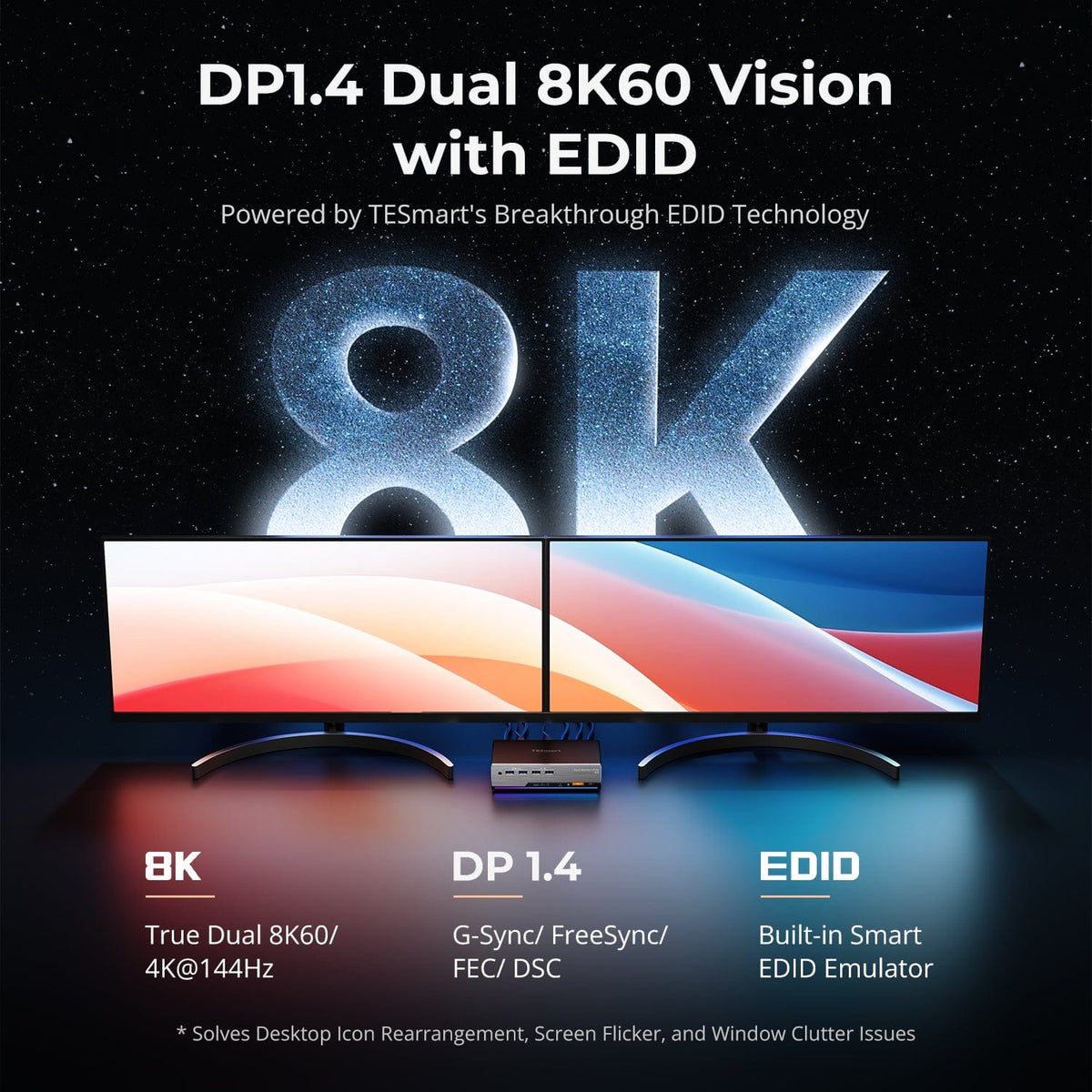 TESmart Dual Monitor KVM Switcher DP 1.4 Dual 8K@60Hz KVM Switch Gaming Dock for 2 PCs 2 Monitors, w/ EDID, G-Sync FreeSync Dual 8K@60Hz KVM Switch & Gaming Dock – DP 1.4, EDID, G-Sync/FreeSync | TESmart