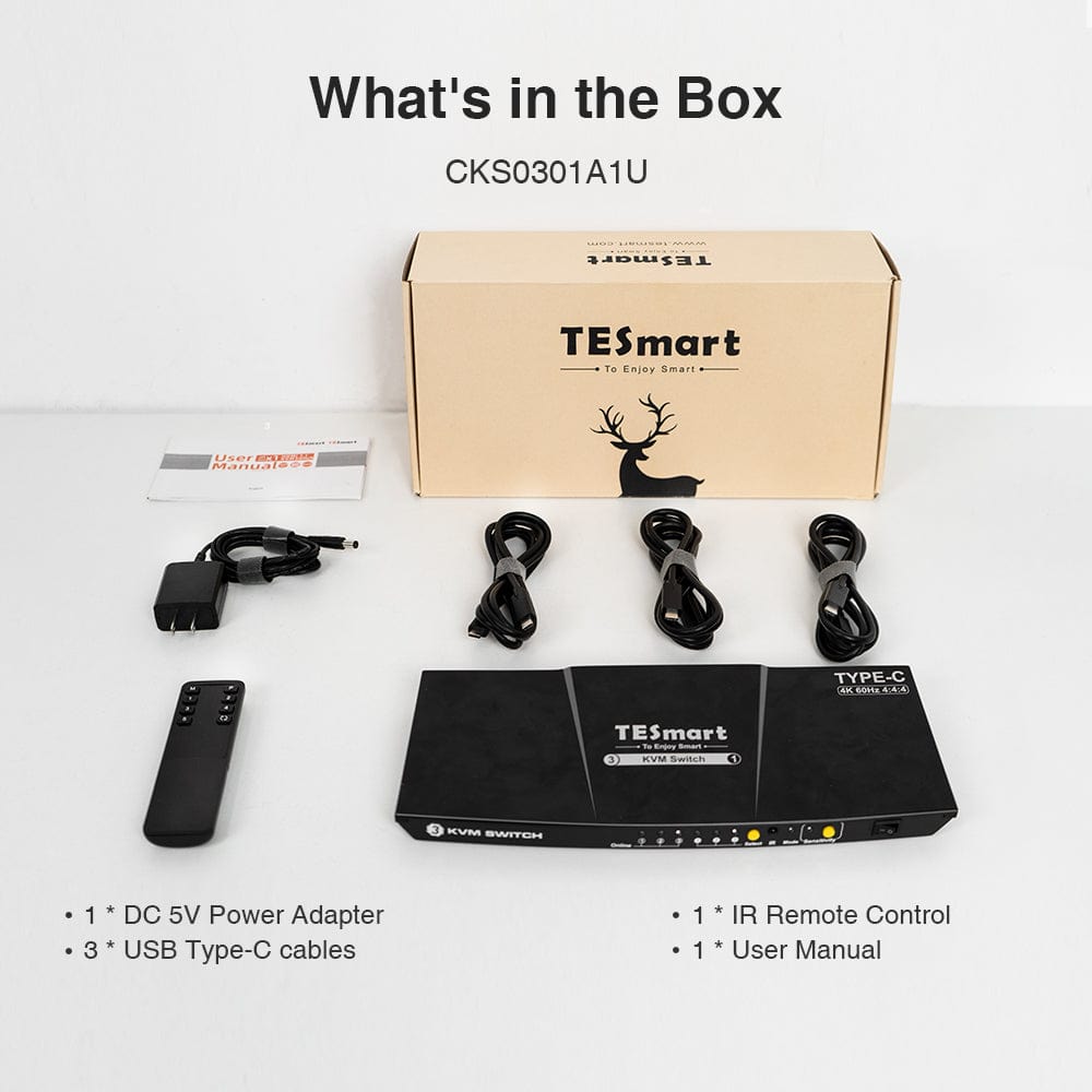 TESmart Electronics 3 Port USB-C KVM Switch 4K60Hz withUSB Hub and Audio Port USB-C KVM switch 3 port 4K60Hz with EDID,USB hub TESmart