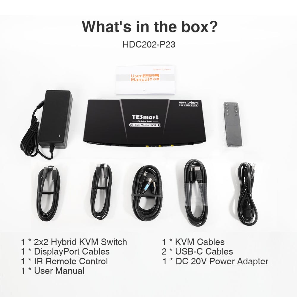 TESmart HDC202-P23-USBK Dual Monitor KVM Switcher Dual 4K60Hz Hybrid KVM Docking Station Kit - USB-C with MST & EDID for 1 Laptop & 1 Desktop 10652805090532 Dual 4K60Hz Hybrid KVM Dock - For 1 Laptop & 1 Desktop US Plug