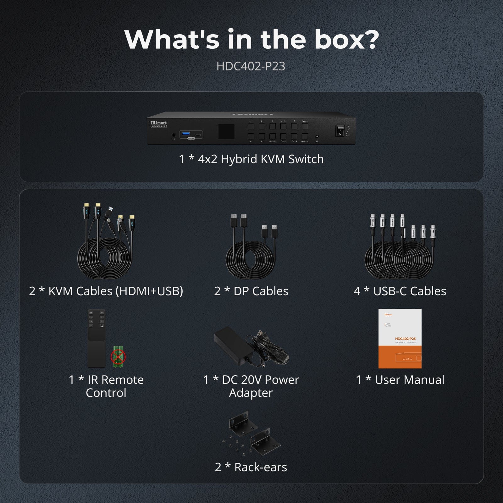 TESmart HDC402-P23-USBK Dual Monitor Hybrid USB-C/HDMI/DP 4K60Hz KVM Switch Pro Hub for 2 Laptops & 2 PCs, w/ MST Mode, EDID Emulation, Gigabit LAN, and Dual Charging Dual 4K60Hz Hybrid KVM Pro Hub for 4 PCs & 2 Monitors, w/ MST Mode, EDID Emulation, Gigabit LAN & Dual Charging