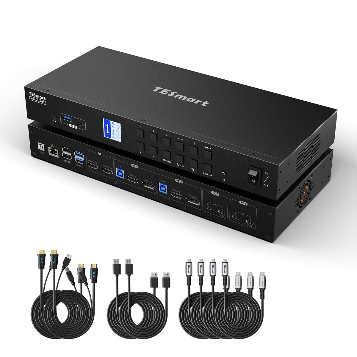 TESmart HDC402-P23-USBK Dual Monitor Hybrid USB-C/HDMI/DP 4K60Hz KVM Switch Pro Hub for 2 Laptops & 2 PCs, w/ MST Mode, EDID Emulation, Gigabit LAN, and Dual Charging Dual 4K60Hz Hybrid KVM Pro Hub for 4 PCs & 2 Monitors, w/ MST Mode, EDID Emulation, Gigabit LAN & Dual Charging