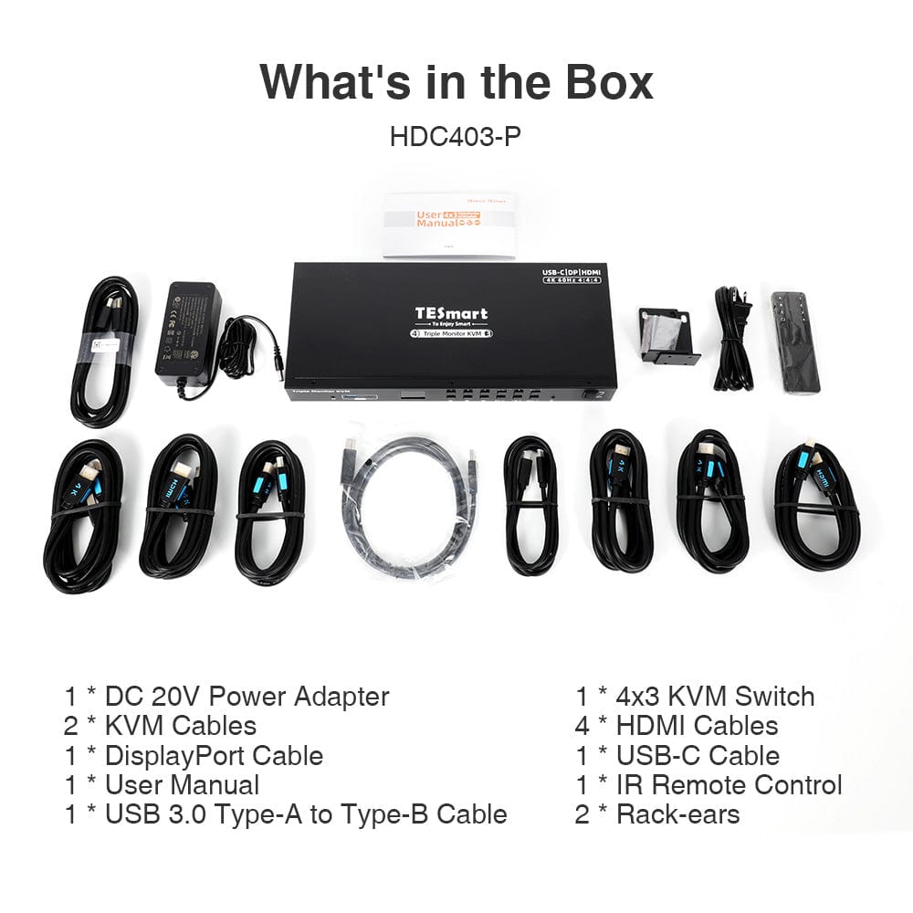TESmart HDC403-P23-USBK Triple Monitor KVM Switch Triple Monitor MST KVM Docking Station Kit - 4K60Hz, EDID for 1 Laptop & 3 PCs 10652805090471 Triple Monitor MST KVM Dock - 4K60Hz, EDID for 1 Laptop & 3 PCs US Plug