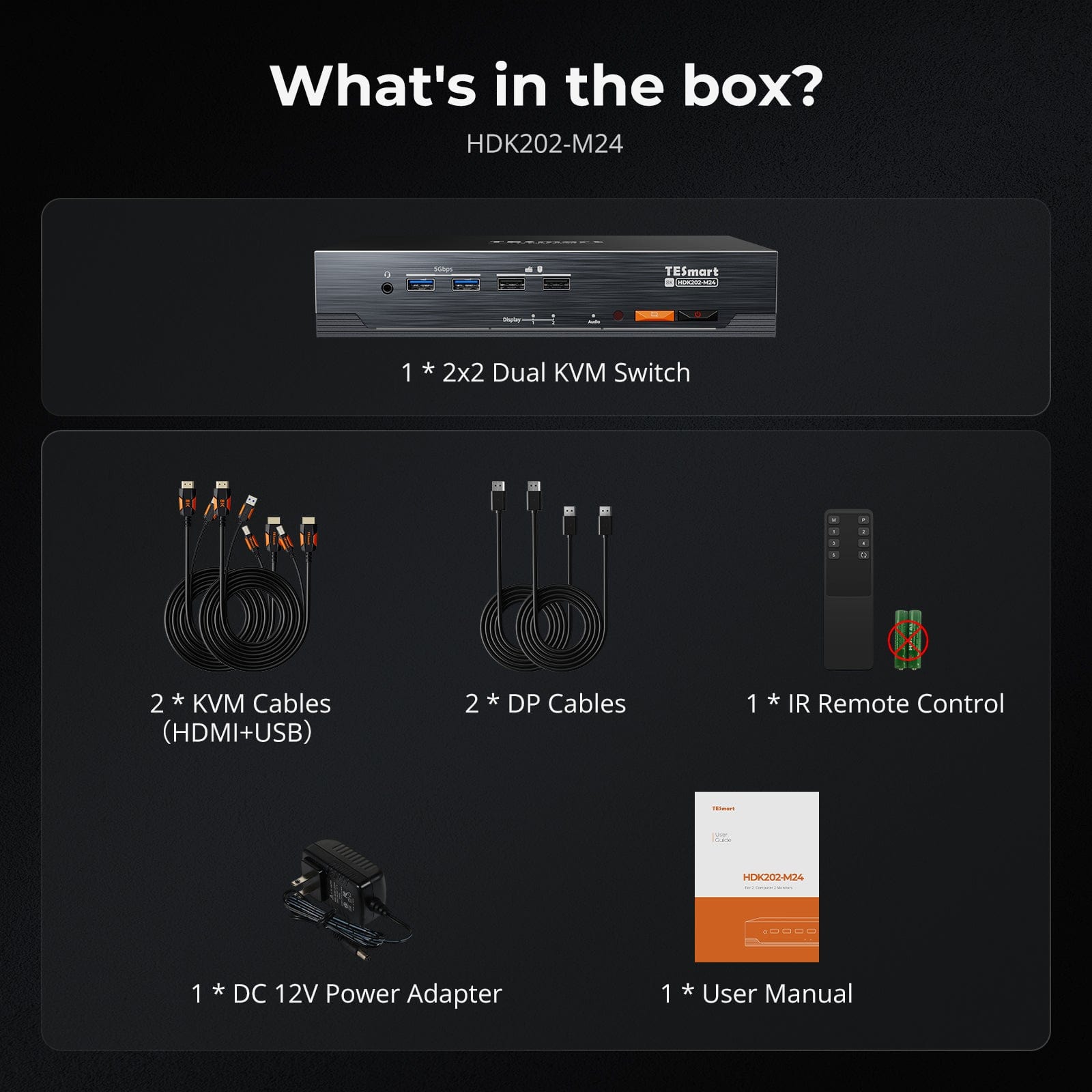TESmart HDK202-M24-USBK HDMI 2.1 & DP 1.4 Dual 4K144Hz KVM Switch Gaming Dock for 2 PCs & 2 Monitors, w/ ADI Chip, EDID, VRR, FVA, ALLM, and Dynamic HDR 10652805090747 HDMI 2.1 & DP 1.4 Dual 4K144Hz VRR KVM Dock for 2 PCs & 2 Monitors, ADI Chip, EDID, HDR US Plug