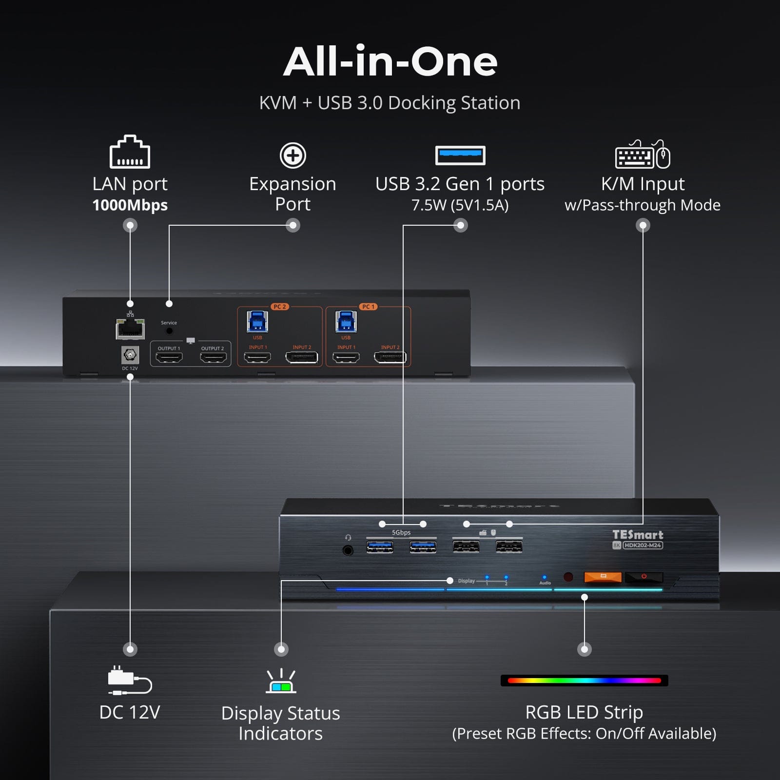 TESmart HDK202-M24-USBK HDMI 2.1 & DP 1.4 Dual 4K144Hz KVM Switch Gaming Dock for 2 PCs & 2 Monitors, w/ ADI Chip, EDID, VRR, FVA, ALLM, and Dynamic HDR 10652805090747 HDMI 2.1 & DP 1.4 Dual 4K144Hz VRR KVM Dock for 2 PCs & 2 Monitors, ADI Chip, EDID, HDR US Plug