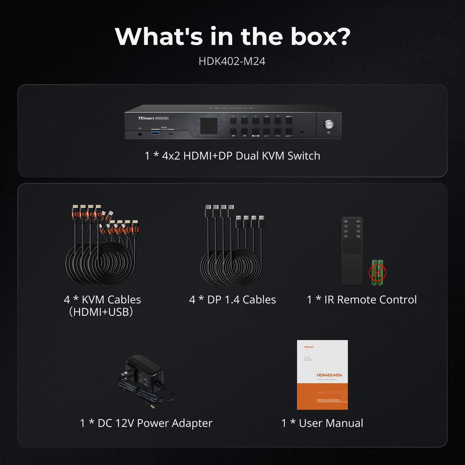 TESmart HDK402-M24-USBK HDMI 2.1 & DP 1.4 Dual 4K144Hz KVM Switch Gaming Dock for 4 PCs & 2 Monitors, w/ ADI Chip, EDID, VRR, FVA, ALLM, and Dynamic HDR 10652805090808 HDMI 2.1 & DP 1.4 Dual 4K144Hz VRR KVM Dock for 4 PCs & 2 Monitors, ADI Chip, EDID, HDR
