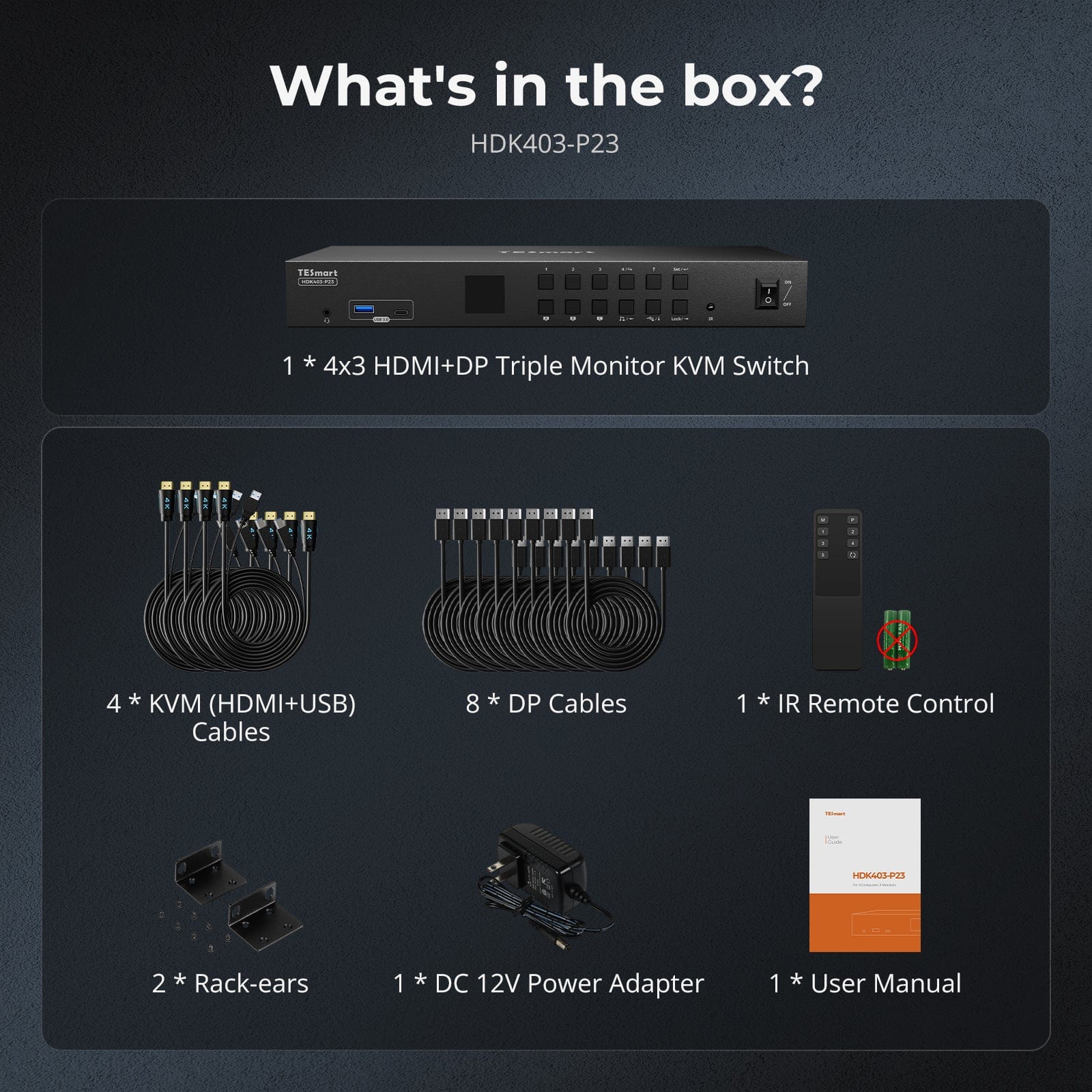TESmart HDK403-P23-USBK HDMI 2.0 & DP 1.2 Triple Monitor KVM Switch 4K60Hz with USB 3.0 Hub, Headset, Audio&Microphone HDMI 2.0 & DP 1.2 Triple 4K60 KVM Switch for 4 PCs & 3 Monitors, USB 3.2 Gen 1, Hotkey Support, IR Remote, USB Charging