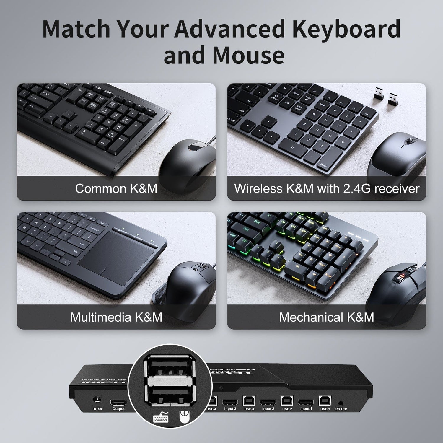 TESmart HDMI KVM Switcher 4 Port KVM Switch Kit HDMI 4K60Hz with EDID, 4 PCs 1 Monitor HDMI KVM switch 4 port 4K60Hz with EDID,USB hub TESmart