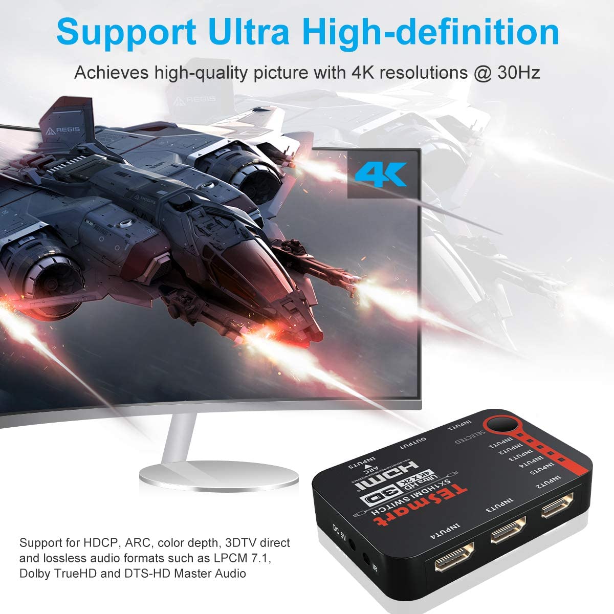 TESmart HDMI Switcher 5 Port HDMI Switch 4K 60Hz/30Hz Support Auto Detect and HDR 4K Switch 5 Port with IR Remote for Blu-ray,media player TESmart