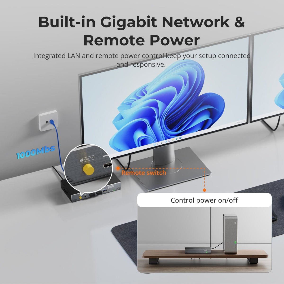 KVM extender with built-in Gigabit Ethernet and remote power control for reliable network connectivity and device management.