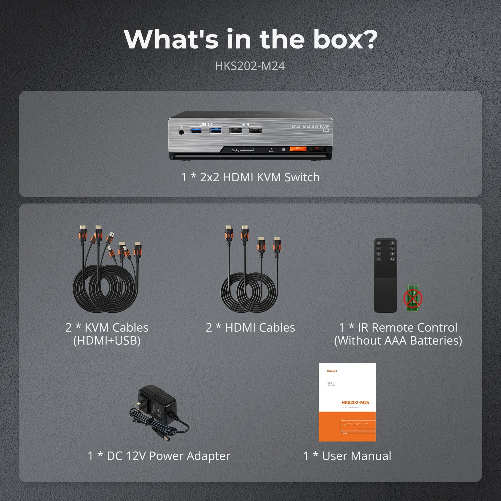 TESmart HKS202-M24-USBK Dual Monitor KVM Switcher HDMI 2.1 Dual 4K144Hz KVM Switch Gaming Dock for 2 PCs & 2 Monitors, w/ ADI Chip, EDID, VRR, FVA, ALLM, and Dynamic HDR 10652805090709 HDMI 2.1 Dual 4K144Hz KVM Dock for 2 PCs & 2 Monitors, ADI Chip, EDID, VRR, HDR US Plug