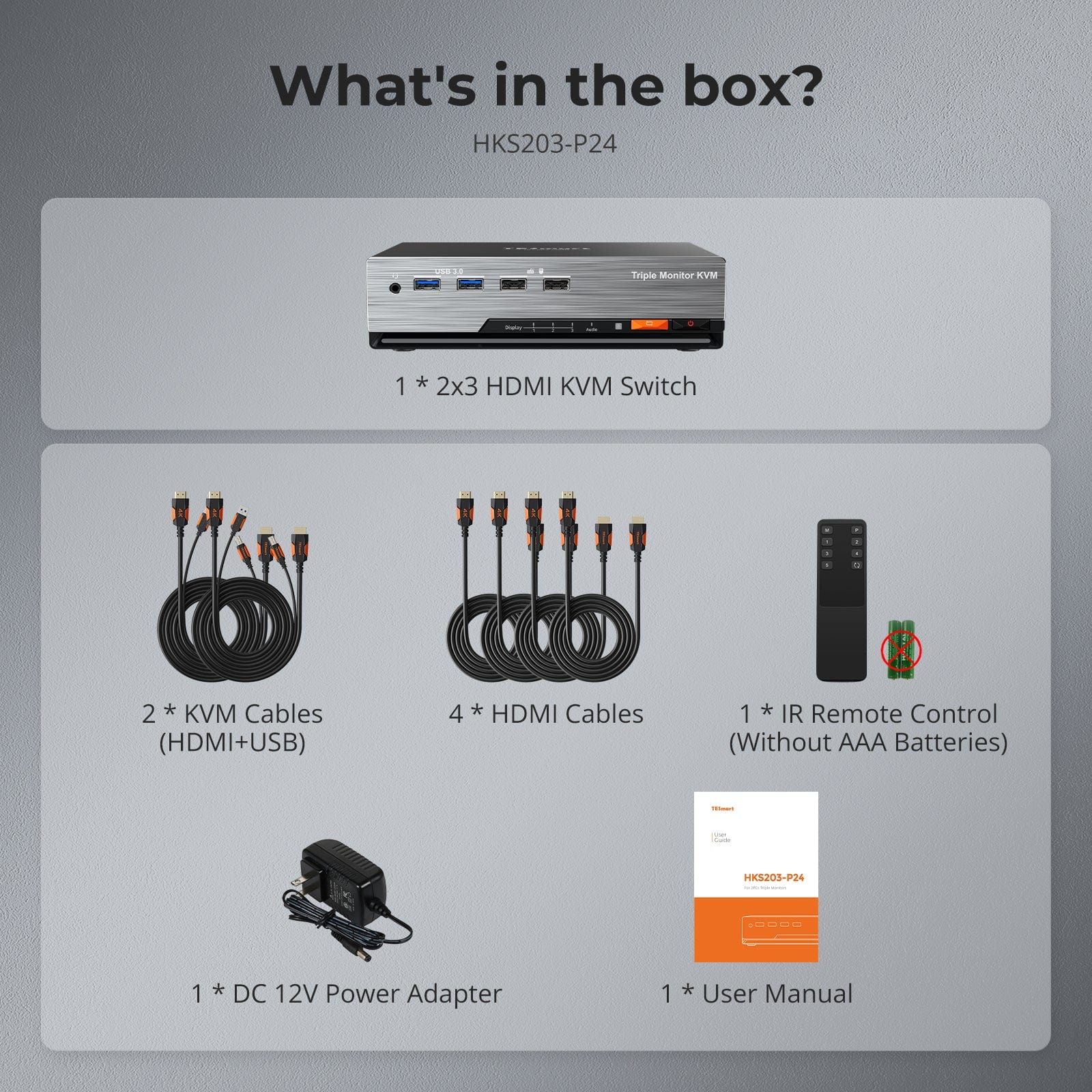 TESmart HKS203-P24-USBK Triple Monitor KVM Switch Triple 4K60Hz HDMI KVM Switch Gaming Dock for 2 PCs & 3 Monitors, w/ EDID 10652805090686 US Plug
