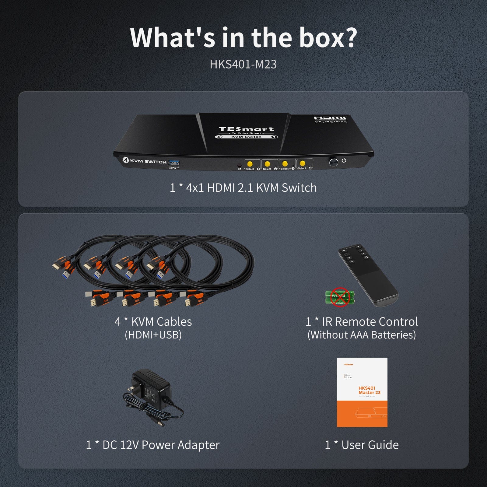 TESmart HKS401-P23-USBK Single Monitor KVM Switch 4-Port 8K60 HDMI 2.1 KVM Switch w/ ADI Chip, EDID, 4K144Hz for Gaming, 4 PCs 1 Monitor 10652805090556 US Plug