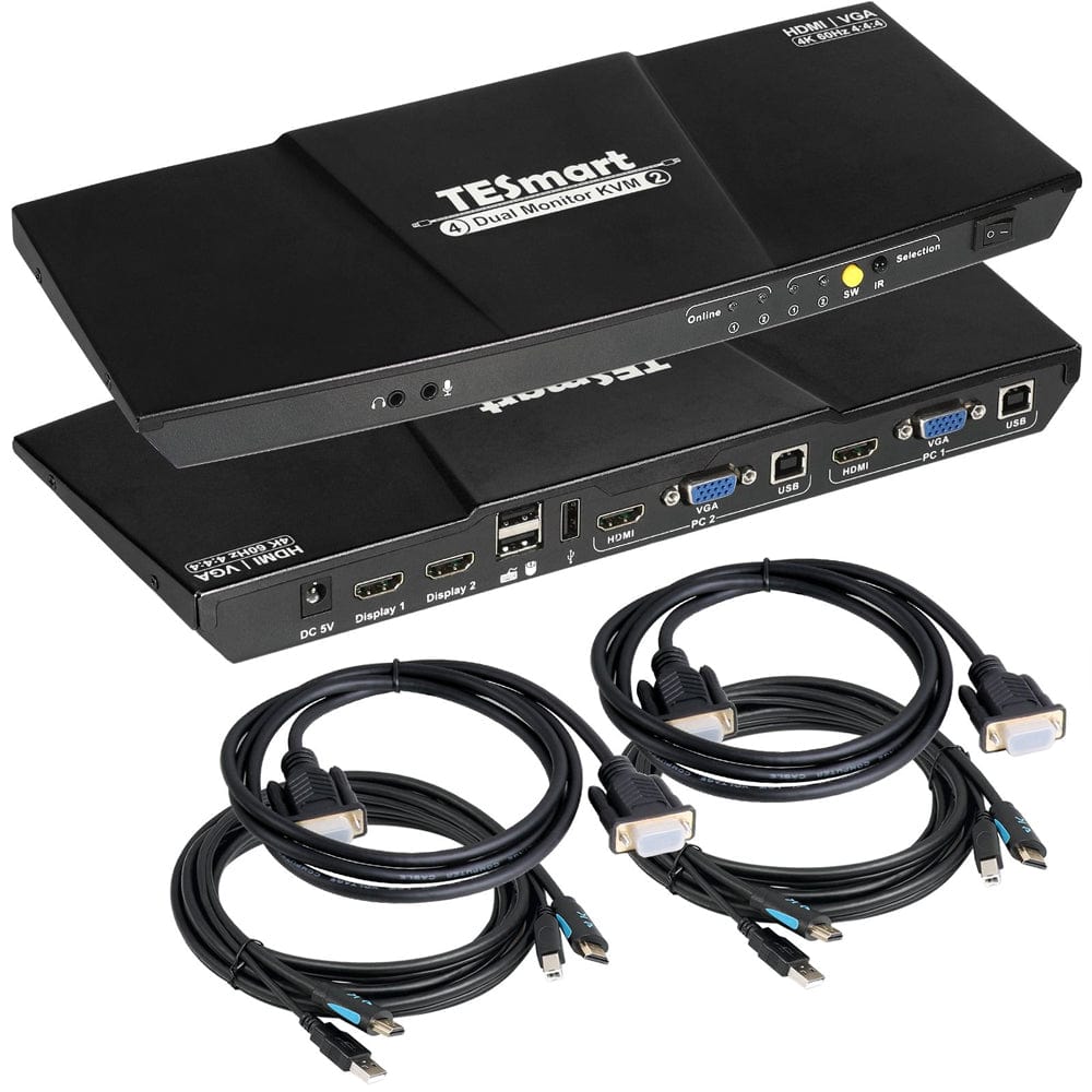 TESmart HKV202-E23-USBK Dual Monitor KVM Switcher 2 Port Dual Monitor KVM Switch Kit HDMI+VGA 4K60Hz with EDID 10659135227317 Dual monitor KVM switch 2 in 2 out HDMI VGA 4K HDCP TESmart US Plug / Black