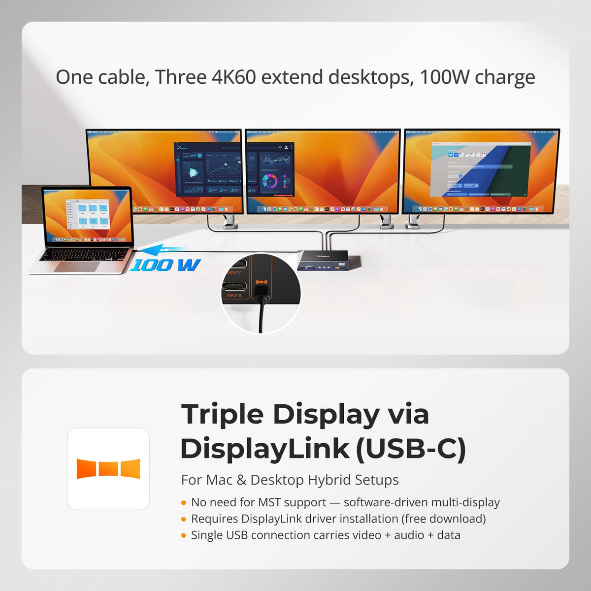 TESmart NEW Triple 4K60Hz DisplayLink® Hybrid KVM Docking Station – USB-C with EDID & 100W PD for 2 PCs (Mac & Desktop) Triple 4K60Hz DisplayLink® KVM Dock – USB-C, Smart EDID & 100W PD | TESmart
