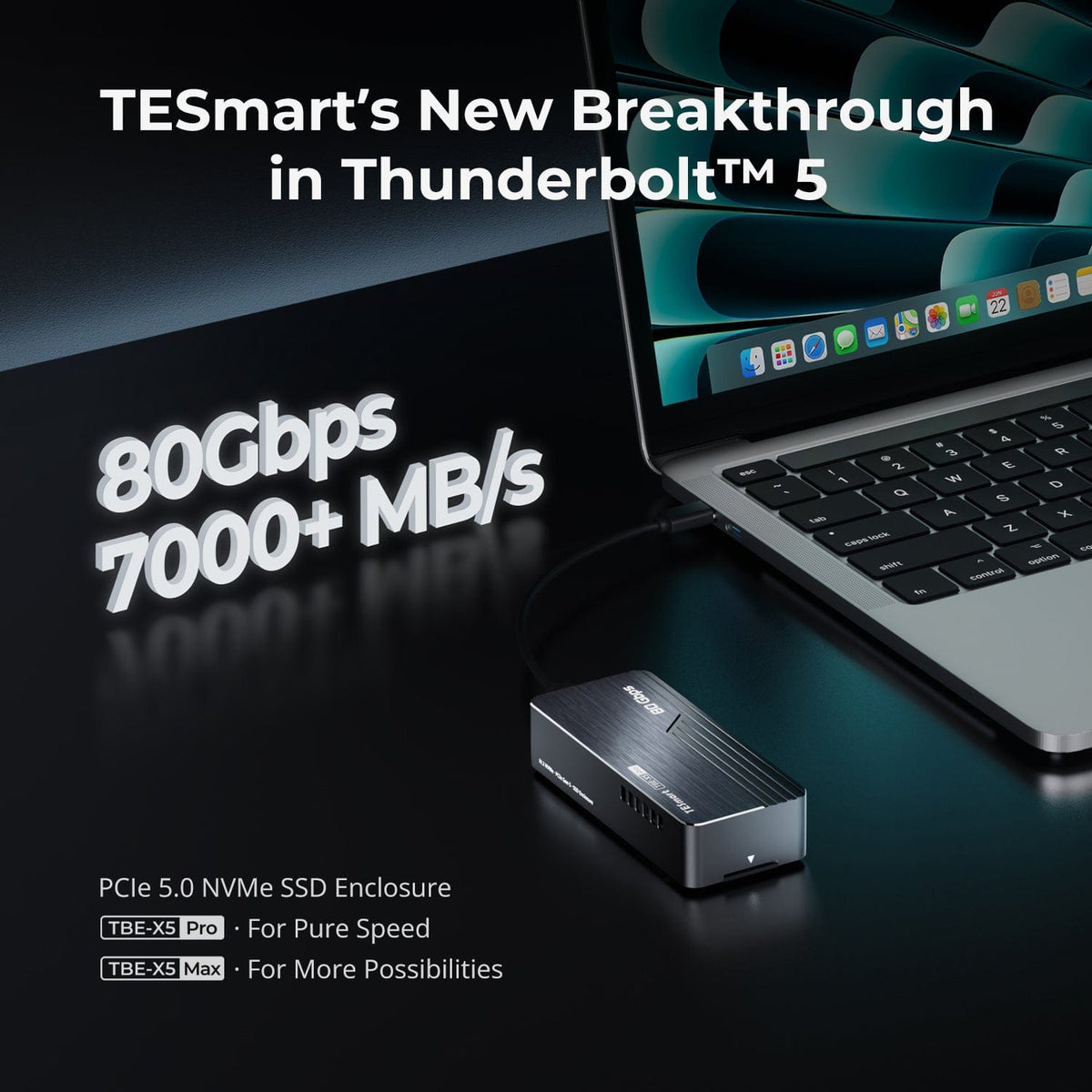 TBE-X5PRO connected to a MacBook in a Thunderbolt 5 workflow, highlighting 80Gbps bandwidth and transfer speeds up to 7000+ MB/s.