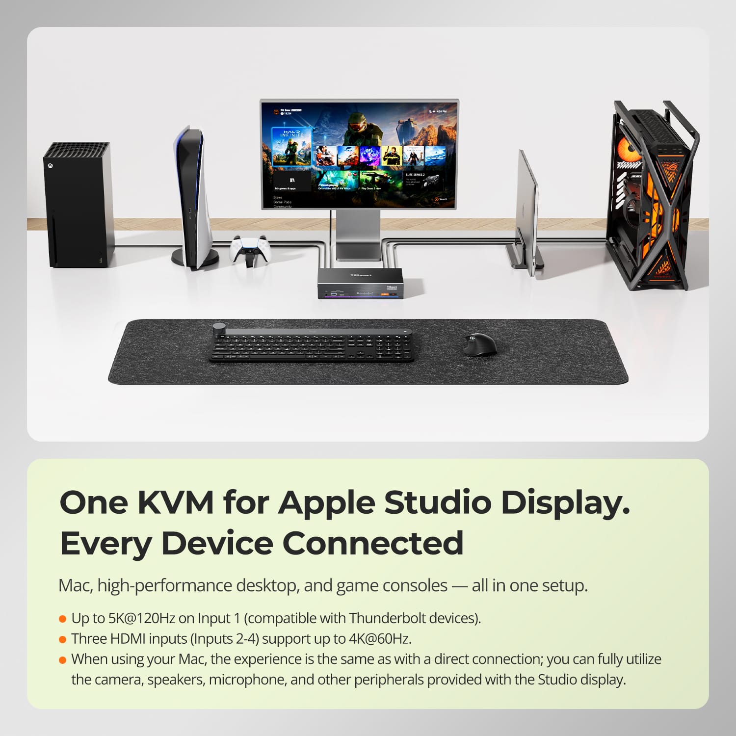 TESmart THK401-X4-USBK 4-Port KVM for Apple Studio Display – Up to 6K@60Hz / 5K@120Hz, Compatible with Thunderbolt™ 4 & HDMI Devices 4-Port KVM for Apple Studio Display – Compatible with Thunderbolt™ 4 & HDMI Devices