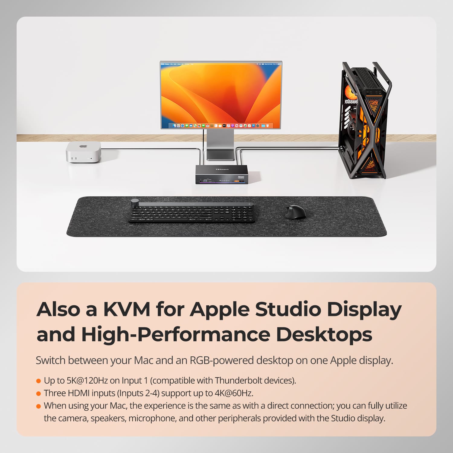 TESmart THK401-X4-USBK 4-Port KVM for Apple Studio Display – Up to 6K@60Hz / 5K@120Hz, Compatible with Thunderbolt™ 4 & HDMI Devices 4-Port KVM for Apple Studio Display – Compatible with Thunderbolt™ 4 & HDMI Devices