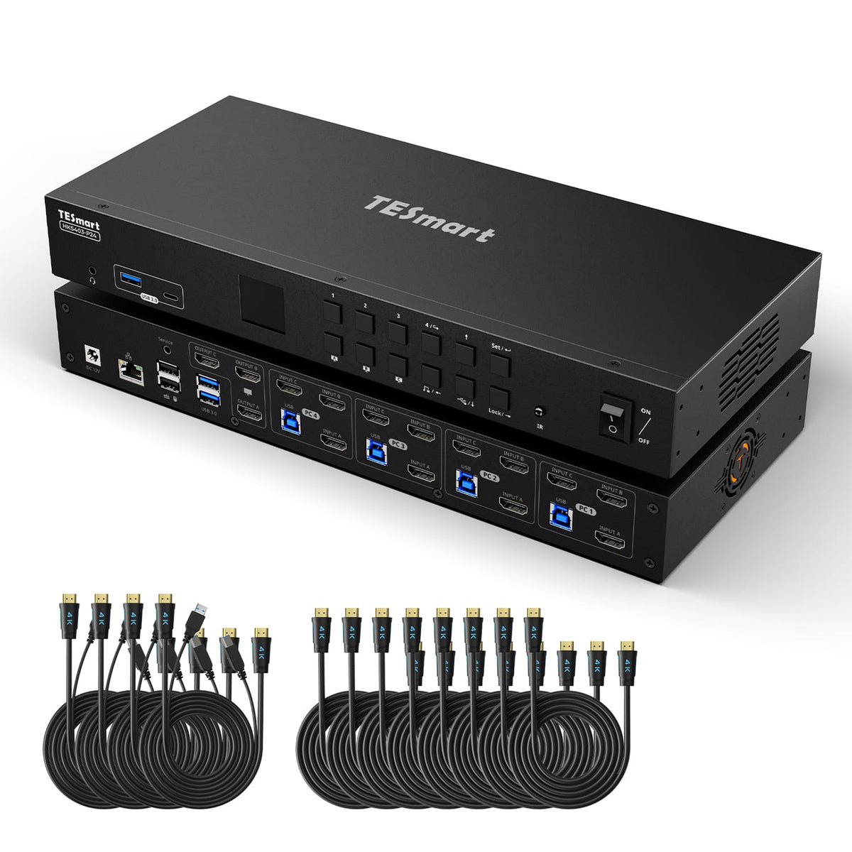 TESmart Triple Monitor KVM Switch 4 Port Triple Monitor KVM Switch HDMI 4K60Hz with USB 3.0 Hub, Headset, Audio&Microphone Triple Monitor KVM Switch – 4 Port HDMI 4K with USB Hub | TESmart