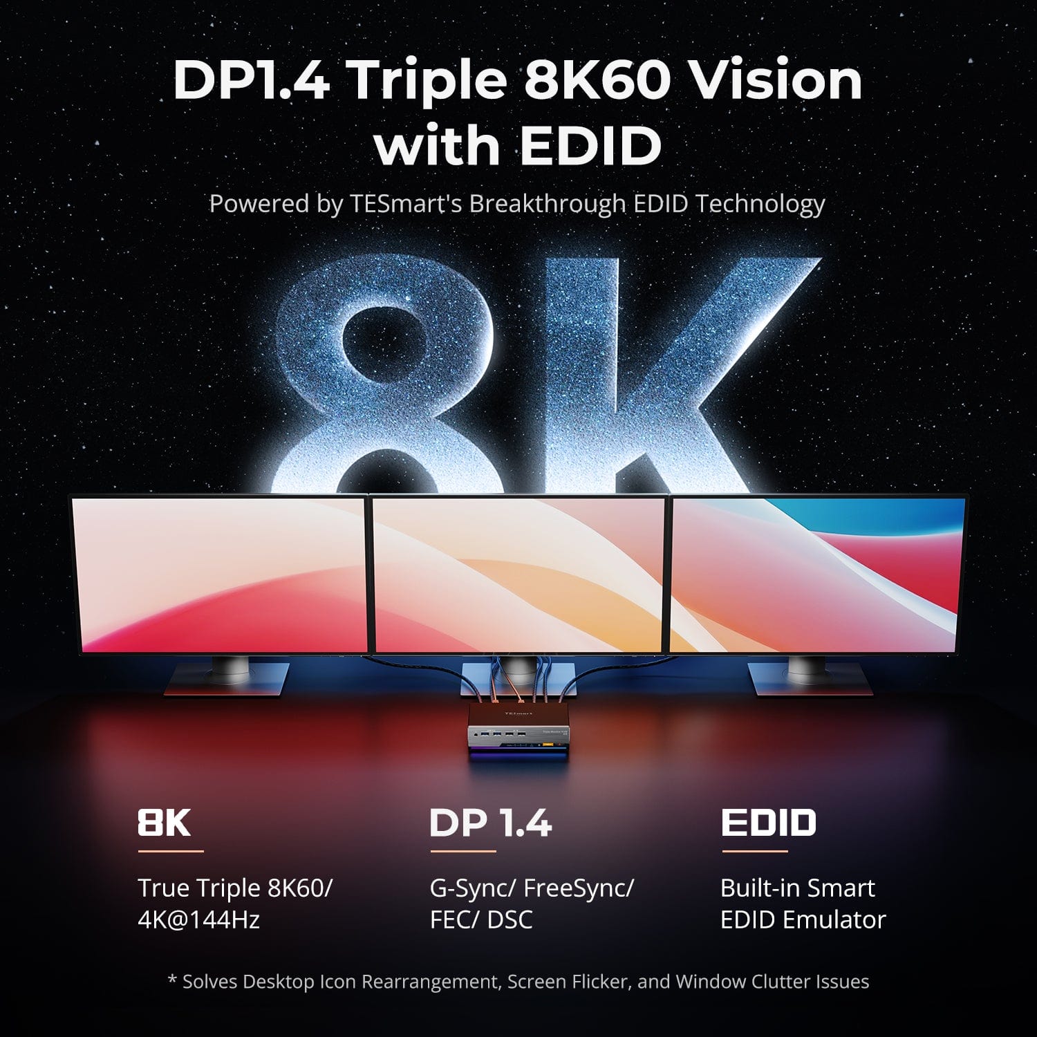 TESmart Triple Monitor KVM Switch DP 1.4 Triple 8K@60Hz KVM Switch Gaming Dock for 2 PCs 3 Monitors, w/ EDID, G-Sync FreeSync DP 1.4 Triple 8K@60Hz KVM Switch Gaming Dock for 2 PCs 3 Monitors, w/ EDID, G-Sync FreeSync