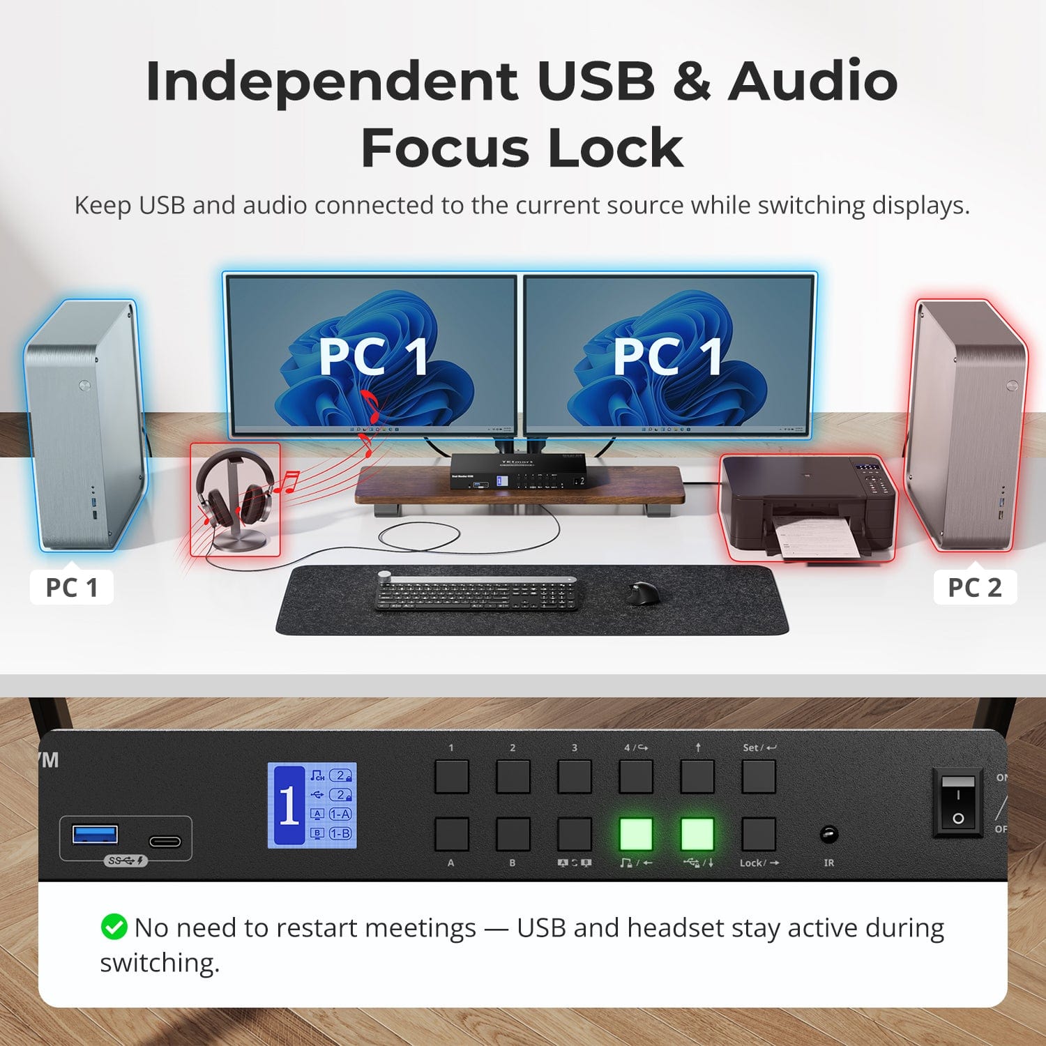 TESmart Triple Monitor KVM Switch HDMI 2.0 & DP 1.2 Triple Monitor KVM Switch 4K60Hz with USB 3.0 Hub, Headset, Audio&Microphone HDMI 2.0 & DP 1.2 Triple 4K60 KVM Switch for 4 PCs & 3 Monitors, USB 3.2 Gen 1, Hotkey Support, IR Remote, USB Charging