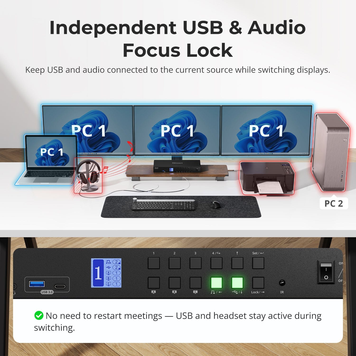 TESmart Triple Monitor KVM Switch Triple Monitor MST KVM Docking Station Kit - 4K60Hz, EDID for 1 Laptop & 3 PCs Triple Monitor MST KVM Dock - 4K60Hz, EDID for 1 Laptop & 3 PCs