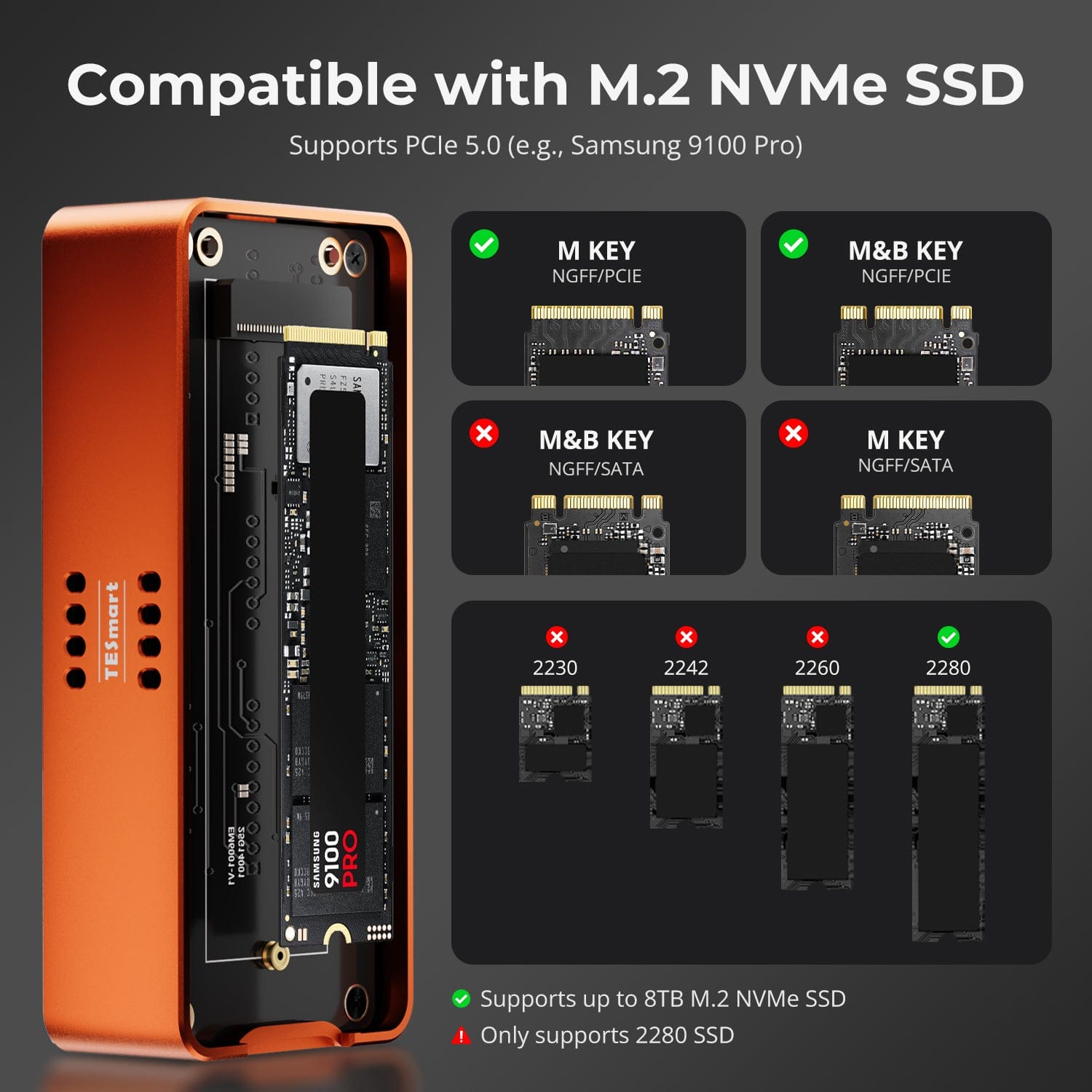 TESmart USB4 80Gbps PCIe 5.0 NVMe SSD Enclosure · Compatible with Thunderbolt 5/4/3 & USB 3.x · Up to 7000 MB/s-TBE‑X5 Series TESmart TBE‑X5 Series USB4 80Gbps PCIe 5.0 NVMe SSD Enclosure 7000MB/s