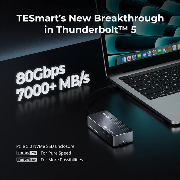 TESmart USB4 80Gbps PCIe 5.0 NVMe SSD Enclosure · Compatible with Thunderbolt 5/4/3 & USB 3.x · Up to 7000 MB/s-TBE‑X5 Series TESmart TBE‑X5 Series USB4 80Gbps PCIe 5.0 NVMe SSD Enclosure 7000MB/s