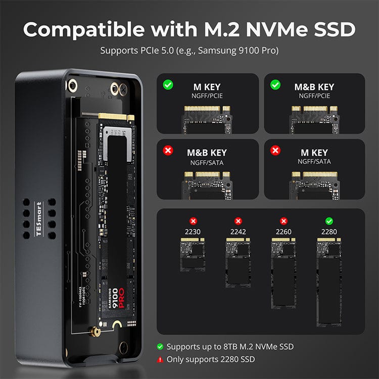 TESmart USB4 80Gbps PCIe 5.0 NVMe SSD Enclosure · Compatible with Thunderbolt 5/4/3 & USB 3.x · Up to 7000 MB/s-TBE‑X5 Series TESmart TBE‑X5 Series USB4 80Gbps PCIe 5.0 NVMe SSD Enclosure 7000MB/s
