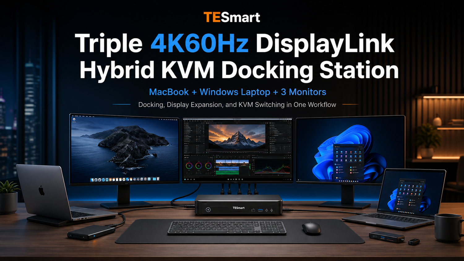 TESmart Triple 4K60Hz DisplayLink Hybrid KVM Docking Station for Mac and PC Multi-Monitor Setups