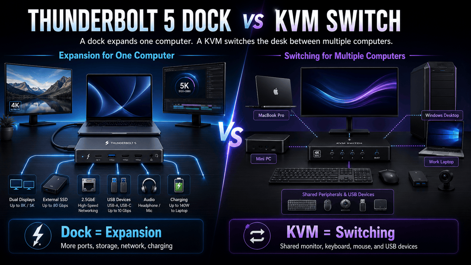 Thunderbolt 5 Dock vs KVM Switch: Why a Powerful Dock Still Does Not Switch Two Computers