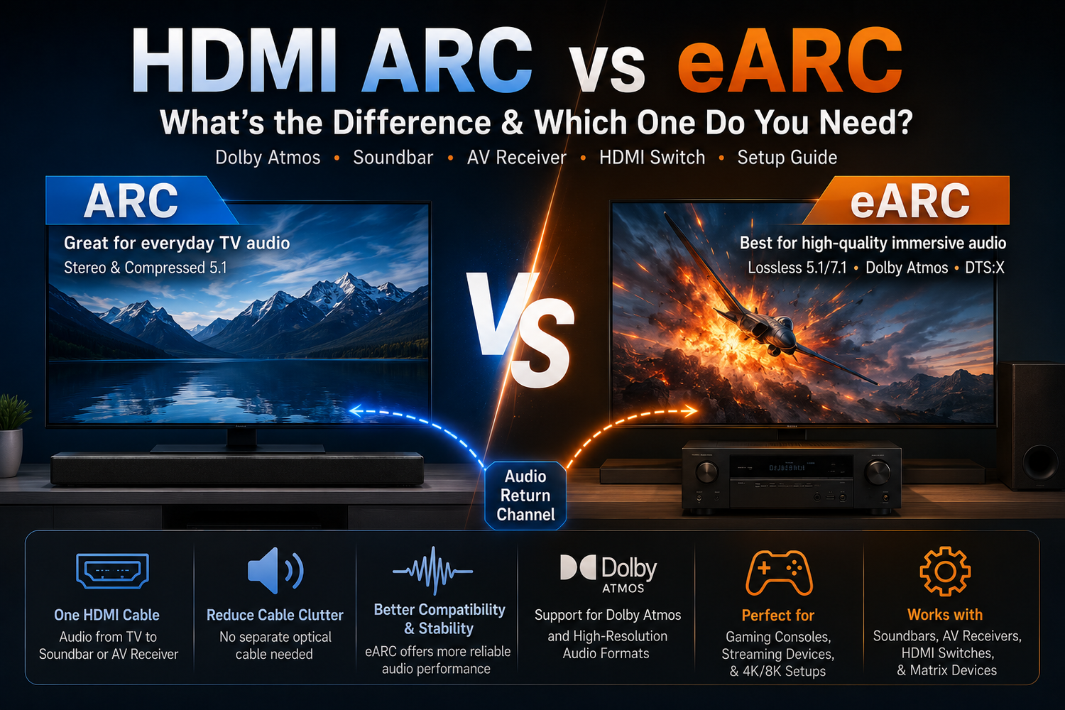 HDMI ARC vs eARC Explained: Soundbars, TVs, Dolby Atmos, and HDMI Switches
