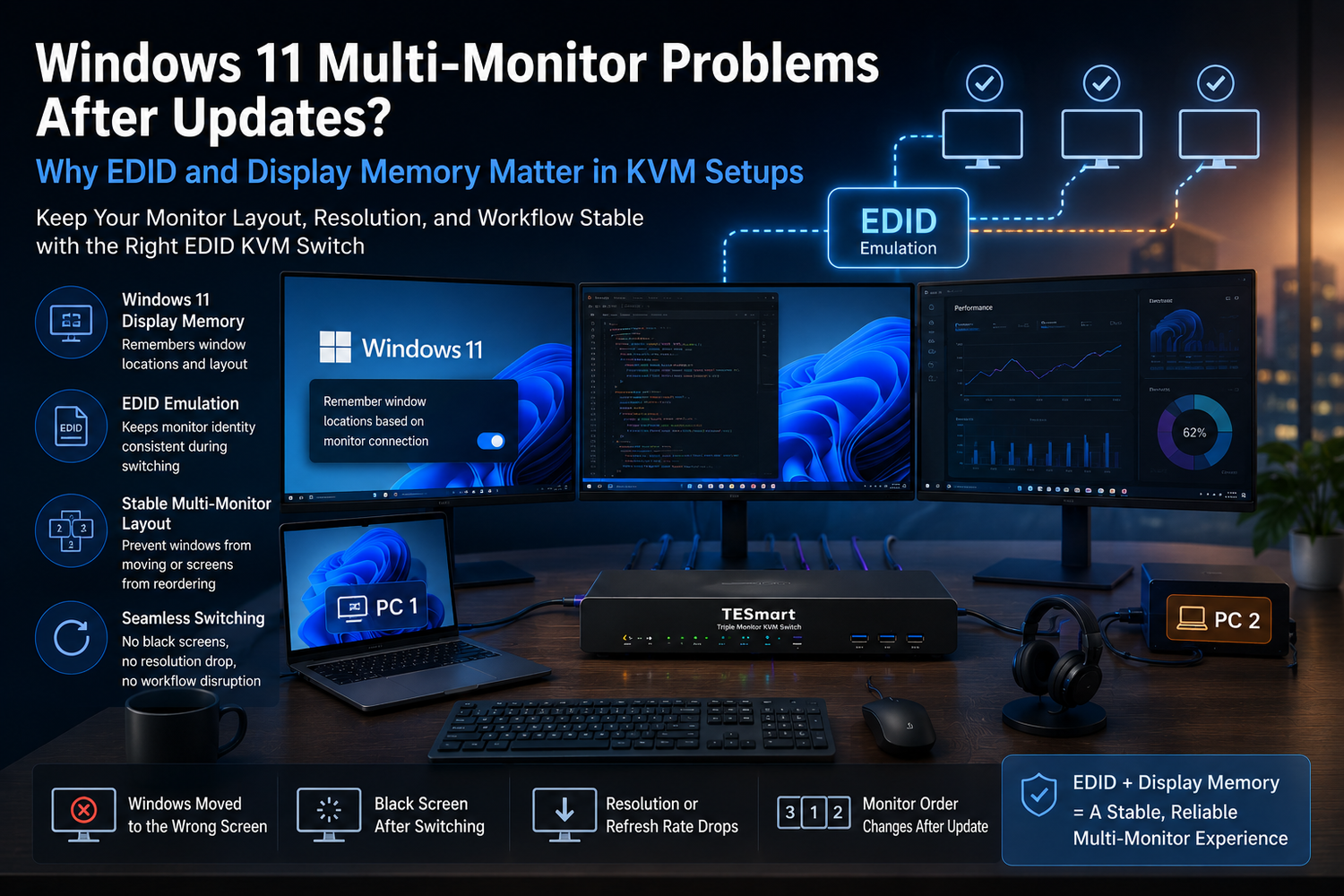 Windows 11 Multi-Monitor Problems After Updates: Why EDID and Display Memory Matter in KVM Setups