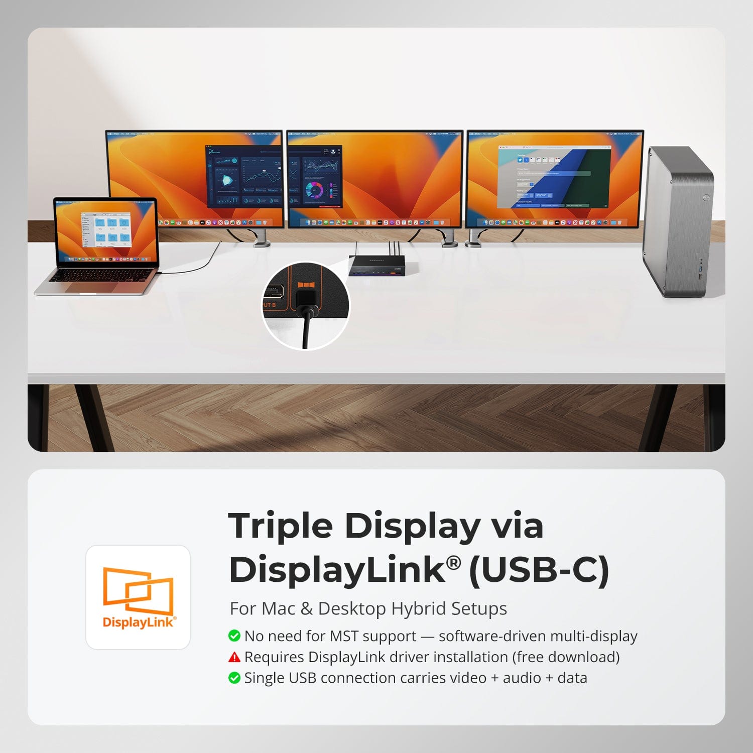 Triple 4K60Hz DisplayLink® KVM Dock – USB-C, Smart EDID & 100W PD