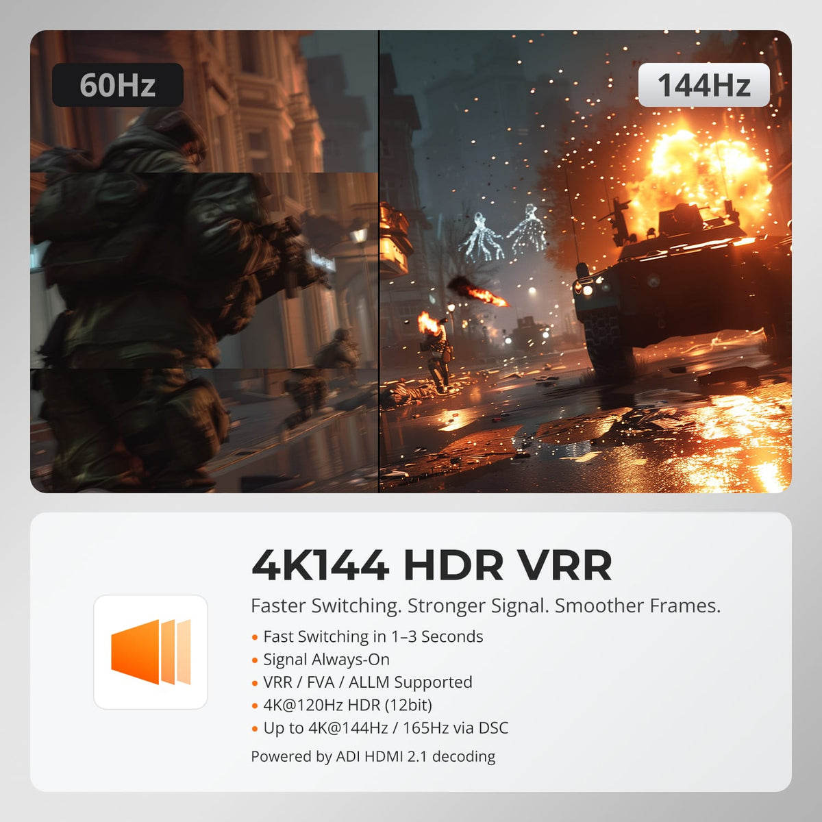 HKS401-M24 selling-point graphic compares 60Hz and 144Hz motion and highlights 4K144 HDR and variable-refresh support.