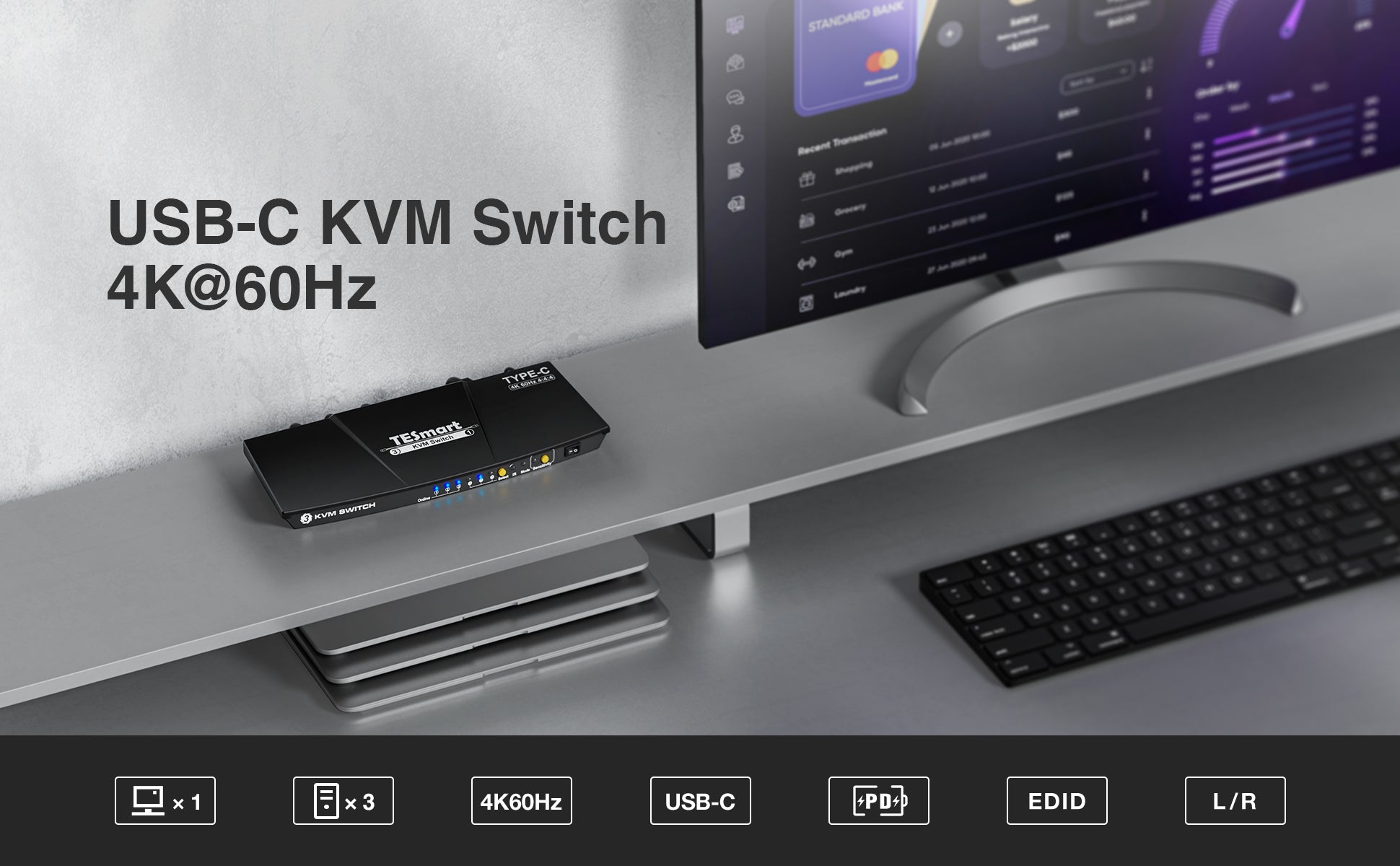 USB-C KVM switch 3 port 4K60Hz with EDID,USB hub TESmart
