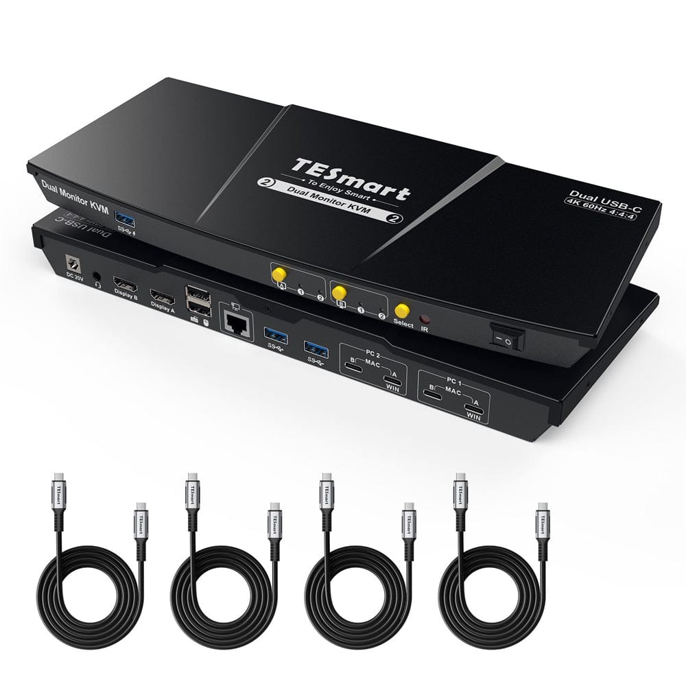 TESmart CKS202-P23-USBK Dual Monitor KVM Switcher Dual Monitor USB-C KVM Docking Station Kit - 4K60Hz, MST, EDID for 2 Laptops 10652805090457 USB-C KVM Switch Dual Monitor - for 2 Laptops 4K60Hz, MST, EDID | TESmart US Plug
