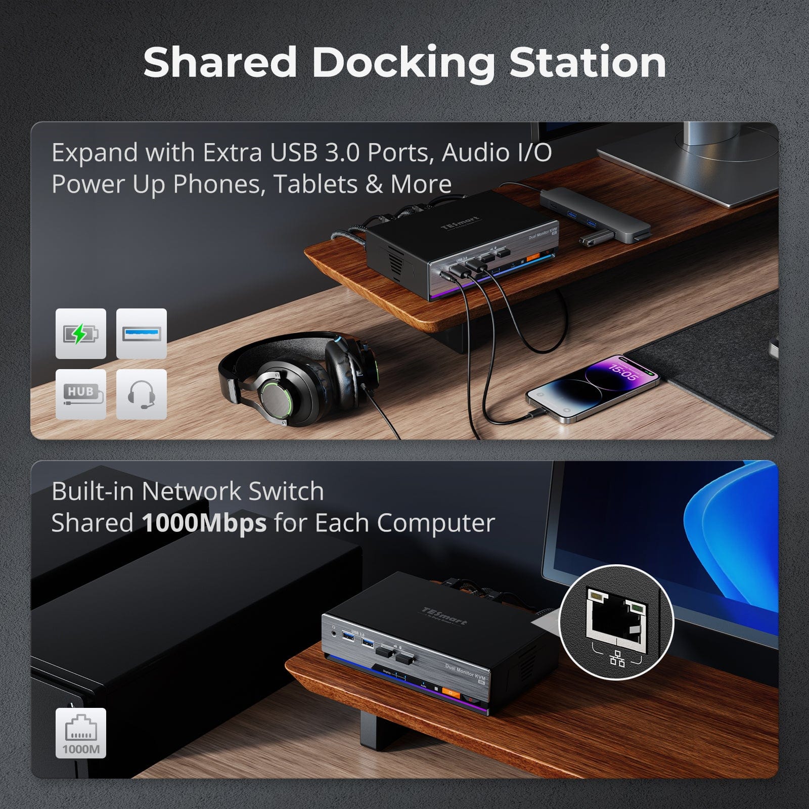 TESmart DKS202-M24-USBK Dual Monitor KVM Switcher DP 1.4 Dual 8K@60Hz KVM Switch Gaming Dock for 2 PCs 2 Monitors, w/ EDID, G-Sync FreeSync 10652805090624 Dual 8K@60Hz KVM Switch Gaming Dock for 2 PCs 2 Monitors, DP 1.4 w/ EDID, G-Sync FreeSync US Plug