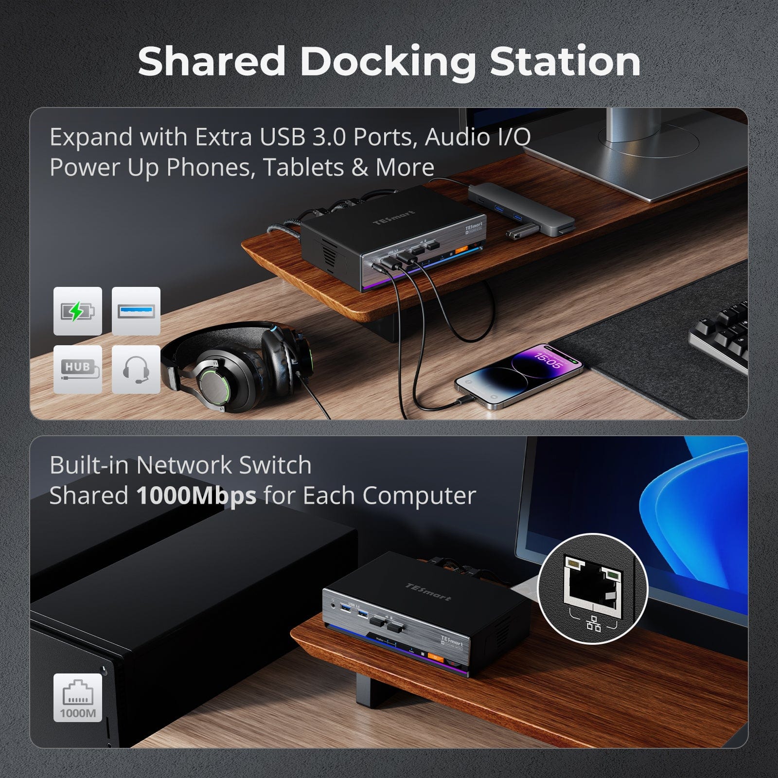TESmart DKS202-MC24-USBK DP 1.4 Dual 8K@60Hz 4K@144Hz KVM Switch for 2 PCs &amp; 2 Monitors, w/ Multi-PC Control, Drag-and-Drop File Share, USB 3.2 Gen1 &amp; Built-in Gigabit Network 10652805091188 Dual 8K@60Hz 4K@144Hz KVM Switch for 2 PCs &amp; 2 Monitors, DP 1.4 w/ Multi-PC Cursor Glide, Drag-and-Drop File Share &amp; Built-in Gigabit Network