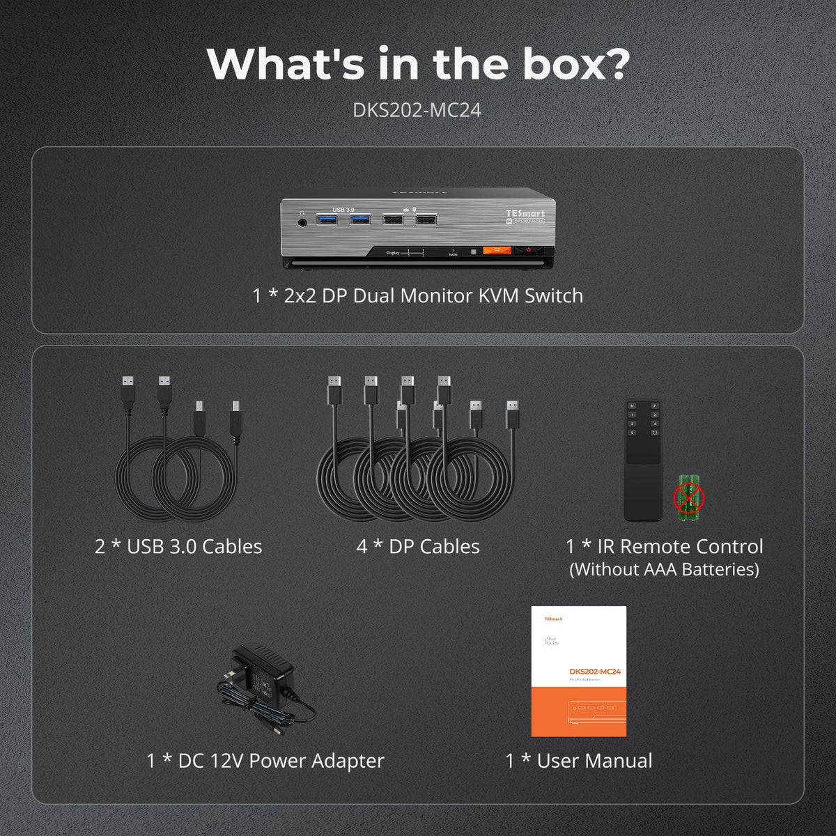 TESmart DKS202-MC24-USBK DP 1.4 Dual 8K@60Hz 4K@144Hz KVM Switch for 2 PCs & 2 Monitors, w/ Multi-PC Control, Drag-and-Drop File Share, USB 3.2 Gen1 & Built-in Gigabit Network 10652805091188 Dual 8K@60Hz 4K@144Hz KVM Switch for 2 PCs & 2 Monitors, DP 1.4 w/ Multi-PC Cursor Glide, Drag-and-Drop File Share & Built-in Gigabit Network