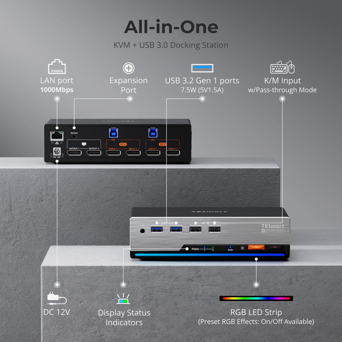 TESmart DKS202-MC24-USBK DP 1.4 Dual 8K@60Hz 4K@144Hz KVM Switch for 2 PCs & 2 Monitors, w/ Multi-PC Control, Drag-and-Drop File Share, USB 3.2 Gen1 & Built-in Gigabit Network 10652805091188 Dual 8K@60Hz 4K@144Hz KVM Switch for 2 PCs & 2 Monitors, DP 1.4 w/ Multi-PC Cursor Glide, Drag-and-Drop File Share & Built-in Gigabit Network