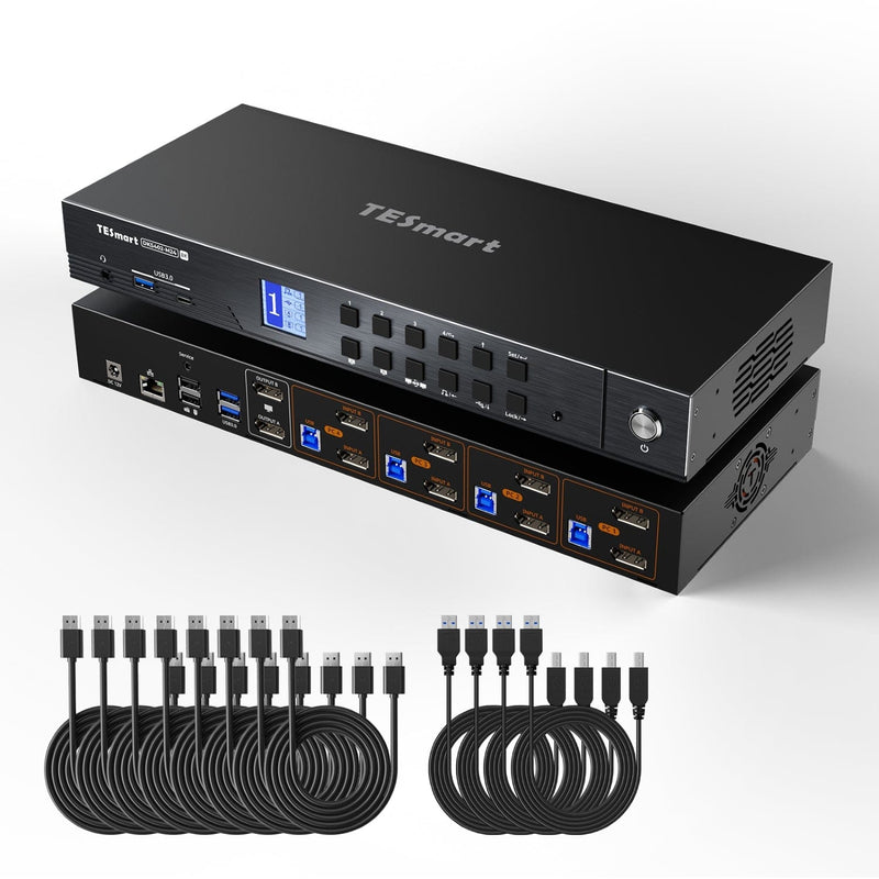 TESmart DKS402-M24-USBK DP 1.4 Dual 8K@60Hz KVM Switch with Network Hub &amp; Smart EDID – for IT Pros, Creators &amp; Multi-PC Setups DP 1.4 Dual 8K@60Hz KVM Switch with Network Hub &amp; Smart EDID – for IT Pros, Creators &amp; Multi-PC Setups